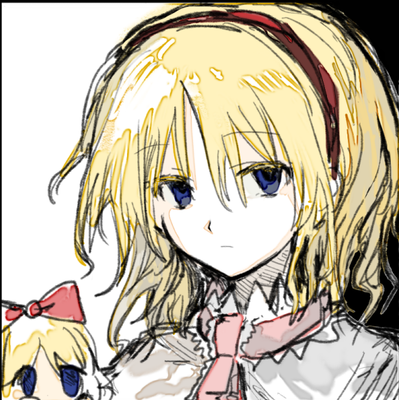 alice margatroid, shanghai doll, touhou, 1girl, ascot, black background, blonde hair, blue eyes, bow, capelet, closed mouth, colored eyelashes, doll, empty eyes, expressionless, hair between eyes, hair bow, hairband, lace-trimmed capelet, lace trim, light frown, looking at viewer, parted bangs, pink ascot, red bow, red hairband, short hair, solo, two-tone background, upper body, us51927694, white background, white capelet