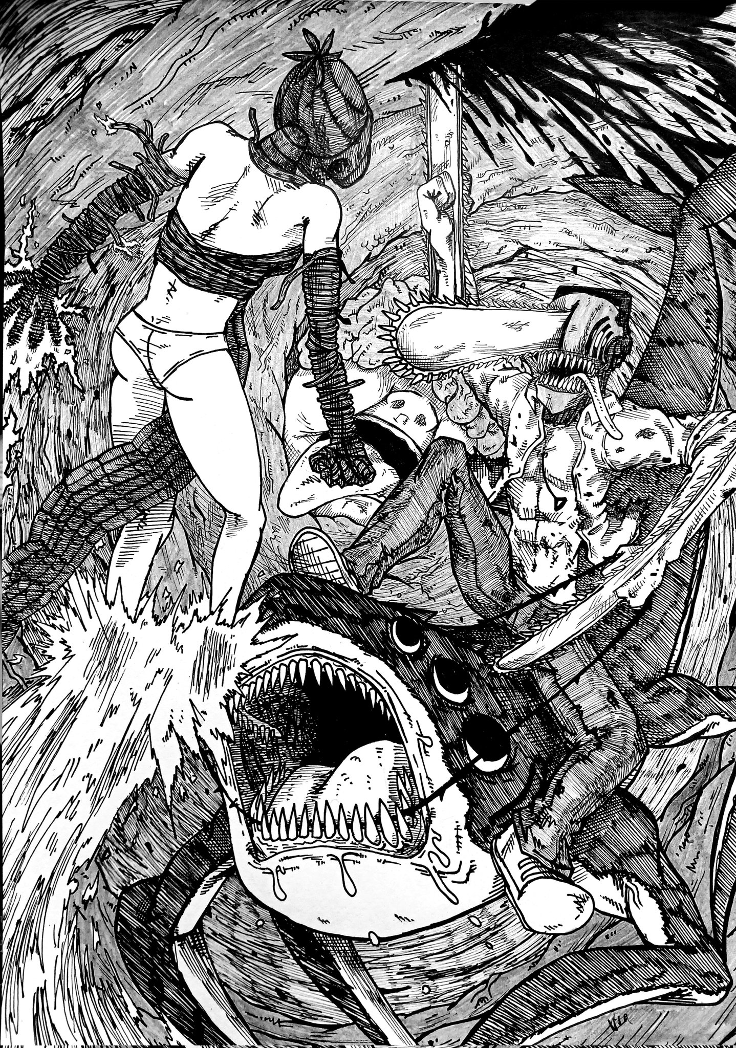 eindrawppsn, beam (chainsaw man), bomb devil (chainsaw man), denji (chainsaw man), reze (chainsaw man), typhoon devil (chainsaw man), chainsaw man, highres, traditional media, blood, chainsaw, crosshatching, explosion, from behind, hatching (texture), monochrome, open clothes, open shirt, panties, saliva, tongue, tongue out, underwear, white panties
