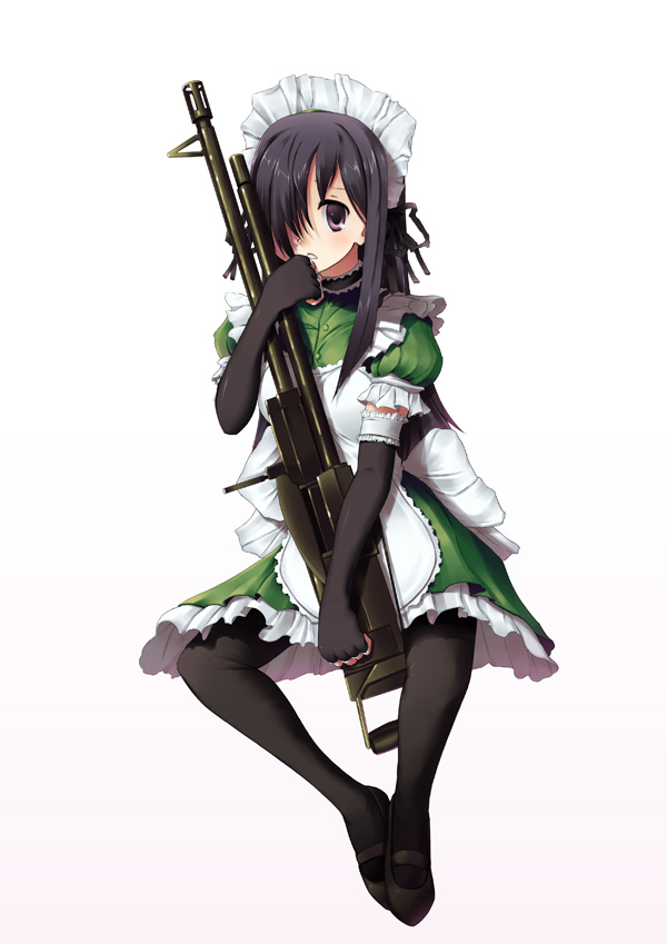 softmode, ikezawa hanako, katawa shoujo, bad id, bad pixiv id, 10s, 1girl, alternate costume, black hair, elbow gloves, enmaided, female focus, fingerless gloves, frills, full body, gloves, gun, hair over one eye, m60 (machine gun), machine gun, maid, maid headdress, pantyhose, purple eyes, simple background, solo, weapon, white background