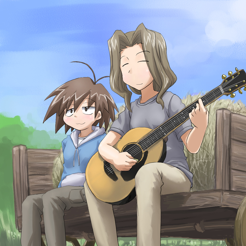tanada-bon, kurihara nagisa, sasaki juju, sketchbook full colors, 00s, 2girls, :3, acoustic guitar, antenna hair, brown eyes, brown hair, closed eyes, guitar, hay, hood, hoodie, instrument, multiple girls, plectrum, short hair, wagon