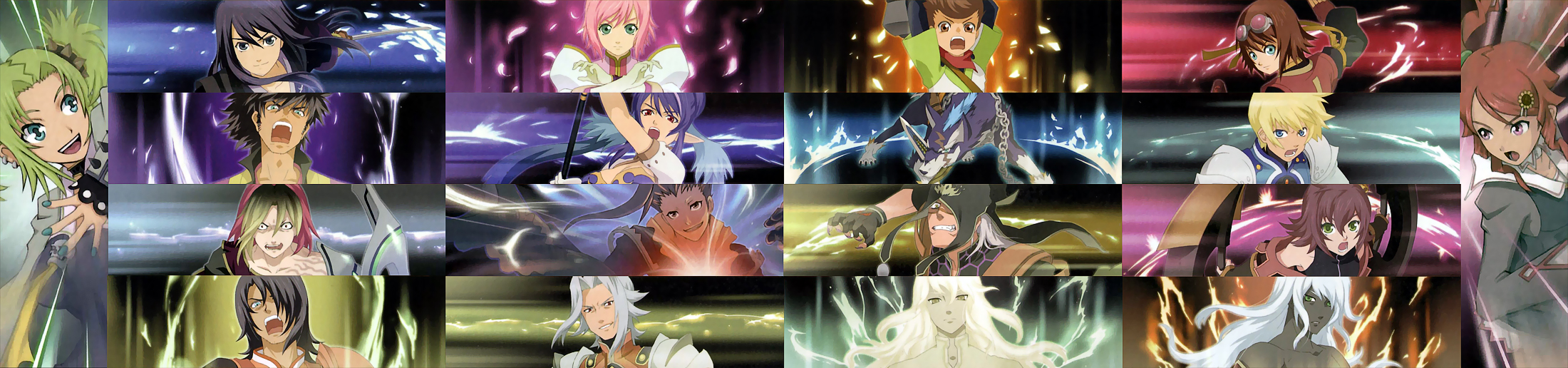 alexei dinoia, droite (tales), duke pantarei, estellise sidos heurassein, flynn scifo, gauche (tales), judith (tales), karol capel, nan (tales), raven (tales), repede (tales), rita mordio, schwann oltorain, tison (tales), yeager (tales), yuri lowell, zagi (tales), tales of (series), tales of vesperia, blade, highres, long image, official art, wide image, 00s, 6+boys, 6+girls, armor, black hair, blonde hair, blue eyes, blue hair, brown hair, chain, dog, gloves, goggles, green eyes, long hair, multiple boys, multiple girls, pink hair, pointy ears, polearm, ponytail, red eyes, red hair, short hair, smile, spear, sword, twintails, weapon, white hair