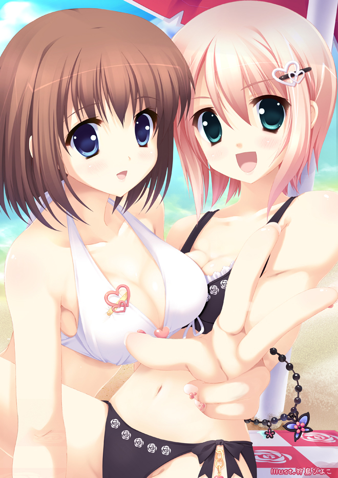 hatori piyoko, 2girls, :d, aqua eyes, artist name, asymmetrical docking, beach, beach umbrella, bead bracelet, beads, between legs, bikini, black bikini, blue eyes, blush, bracelet, breast press, breasts, brown hair, charm (object), cleavage, cloud, collarbone, day, fingernails, floral print, foreshortening, frilled bikini, frills, front-tie bikini top, front-tie top, green eyes, hair between eyes, hair ornament, hairclip, halterneck, happy, heart, heart hair ornament, jewelry, long fingernails, looking at viewer, medium breasts, multiple girls, nail art, nail polish, navel, ocean, open mouth, outdoors, outstretched arm, parted bangs, pink hair, pink nails, print bikini, rose print, short hair, side-tie bikini bottom, sitting, sky, small breasts, smile, swimsuit, umbrella, v, water, white bikini