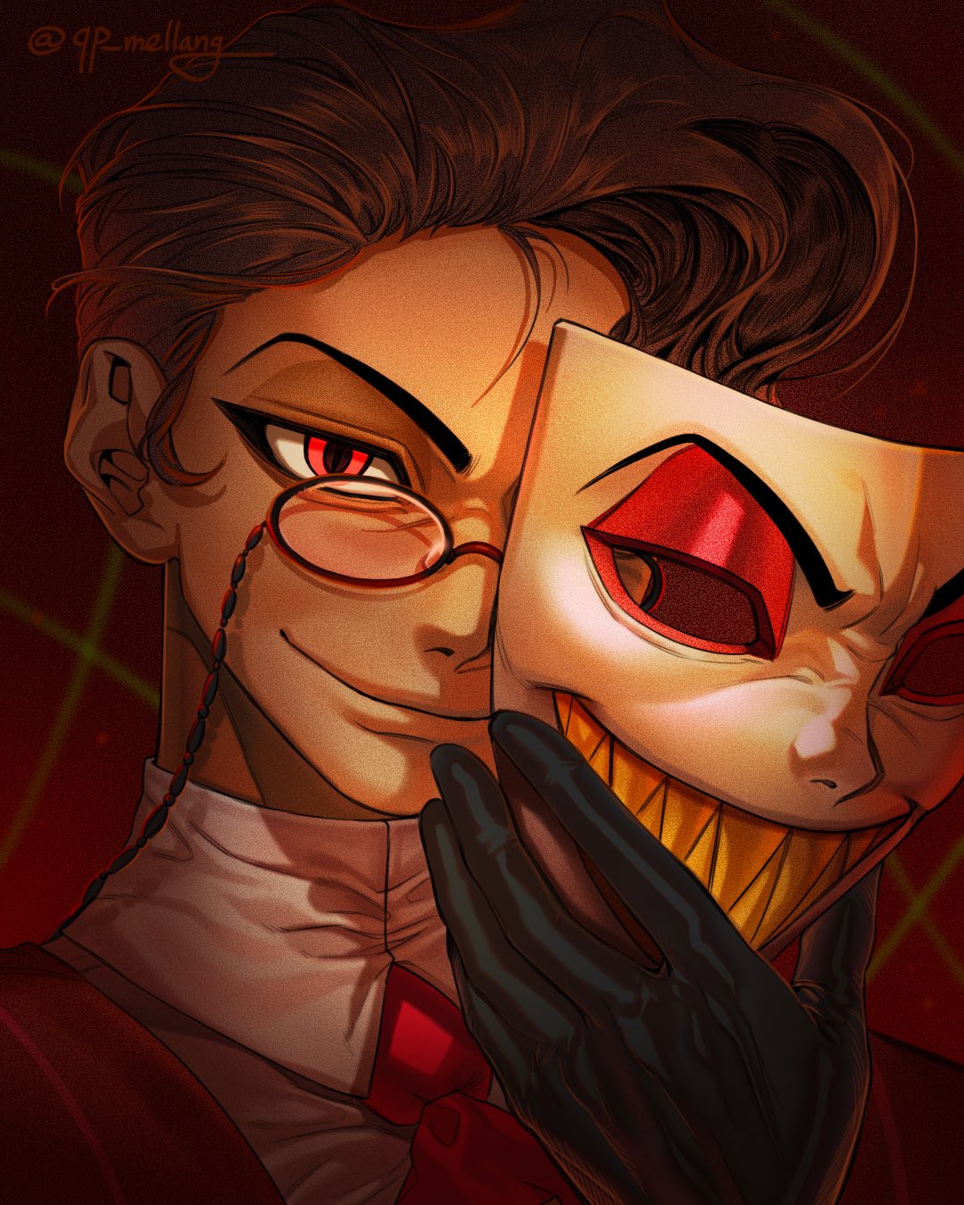 qp mellang, alastor (hazbin hotel), hazbin hotel, hellaverse, commentary, highres, symbol-only commentary, 1boy, alastor (human) (hazbin hotel), artist name, black gloves, brown hair, collared shirt, gloves, holding, holding mask, male focus, mask, monocle, necktie, red background, red eyes, red necktie, red vest, shirt, short hair, smile, vest, white shirt