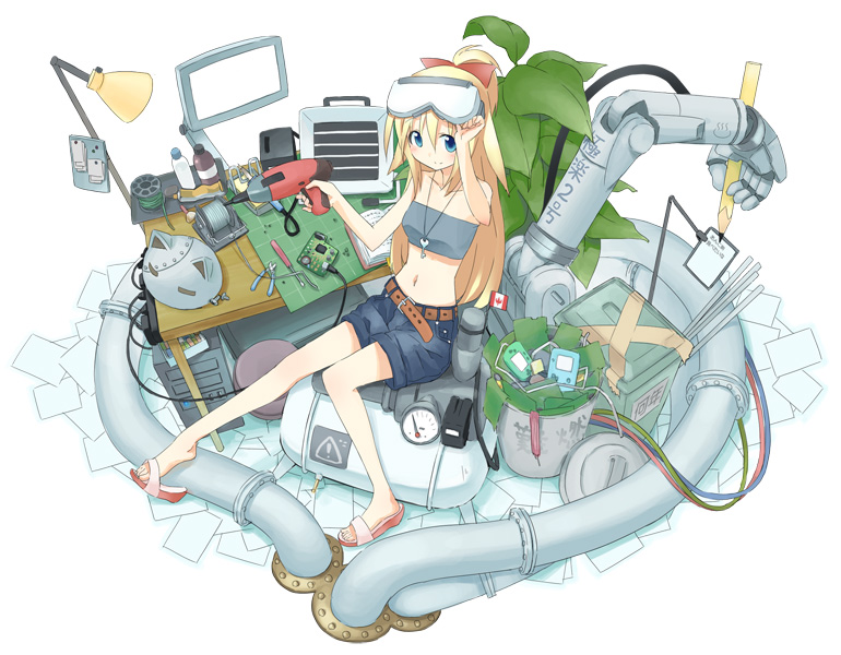 aikei ake, ake, original, 1girl, blonde hair, blue eyes, canada, denim, denim shorts, drill, female focus, game boy, game boy (original), goggles, handheld game console, industrial pipe, jewelry, lamp, leaf, long hair, mechanical arms, midriff, navel, necklace, paper, ponytail, power drill, power tool, screwdriver, shorts, single mechanical arm, solo