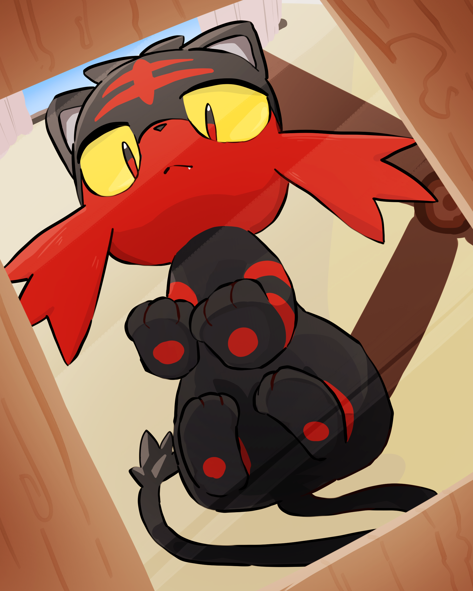 lettuce no hito, litten, nintendo, pokemon, :<, against glass, animal focus, cat, ceiling fan, closed mouth, colored sclera, fang, fang out, from below, full body, gen 7 pokemon, indoors, looking at viewer, looking down, no humans, on table, pawpads, pokemon (creature), red eyes, solo, split mouth, table, yellow sclera