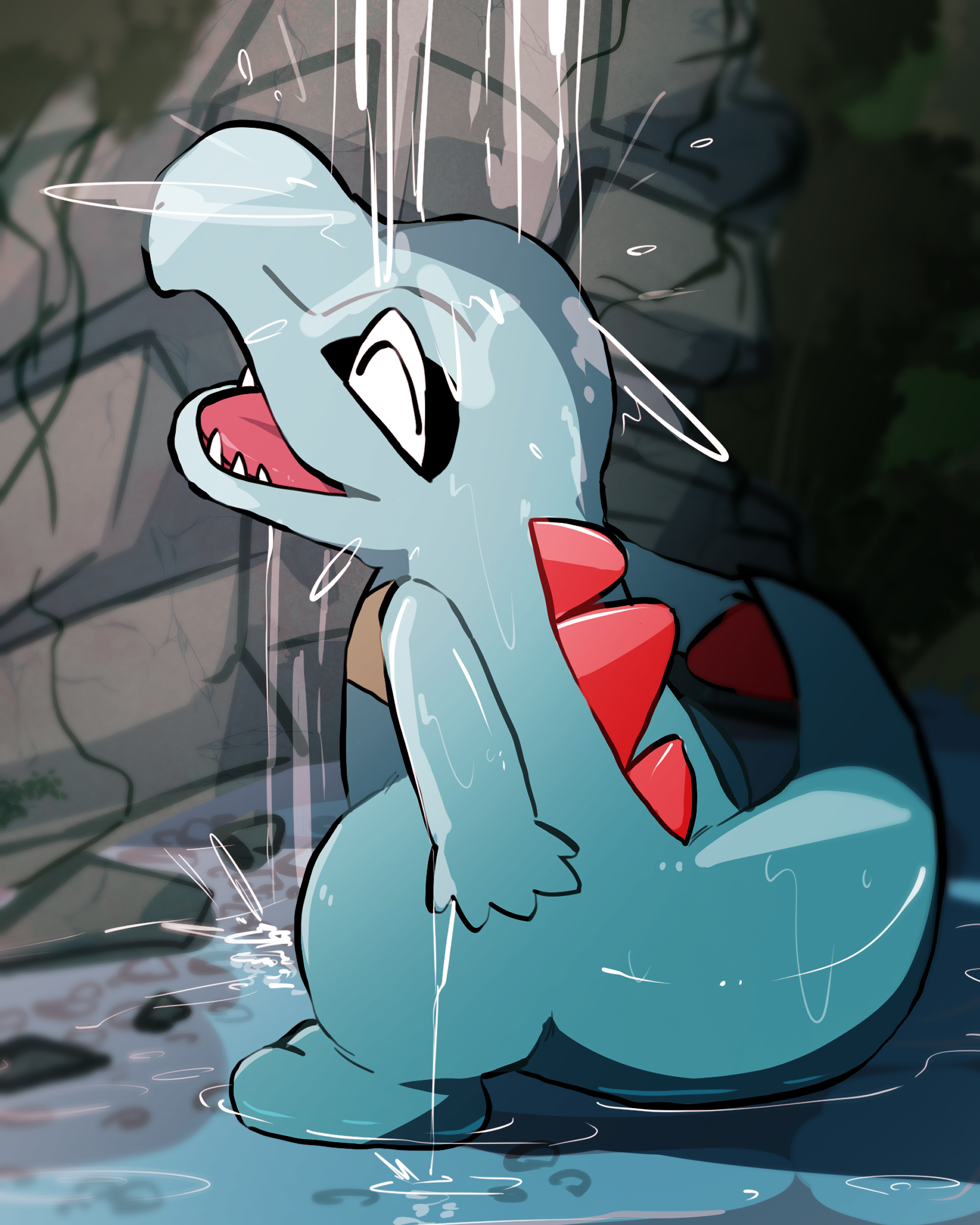 lettuce no hito, totodile, nintendo, pokemon, ^ ^, animal focus, arm at side, cave, closed eyes, from behind, full body, gen 2 pokemon, happy, no humans, open mouth, pokemon (creature), sharp teeth, showering, smile, solo, standing, teeth, tongue, water, wet