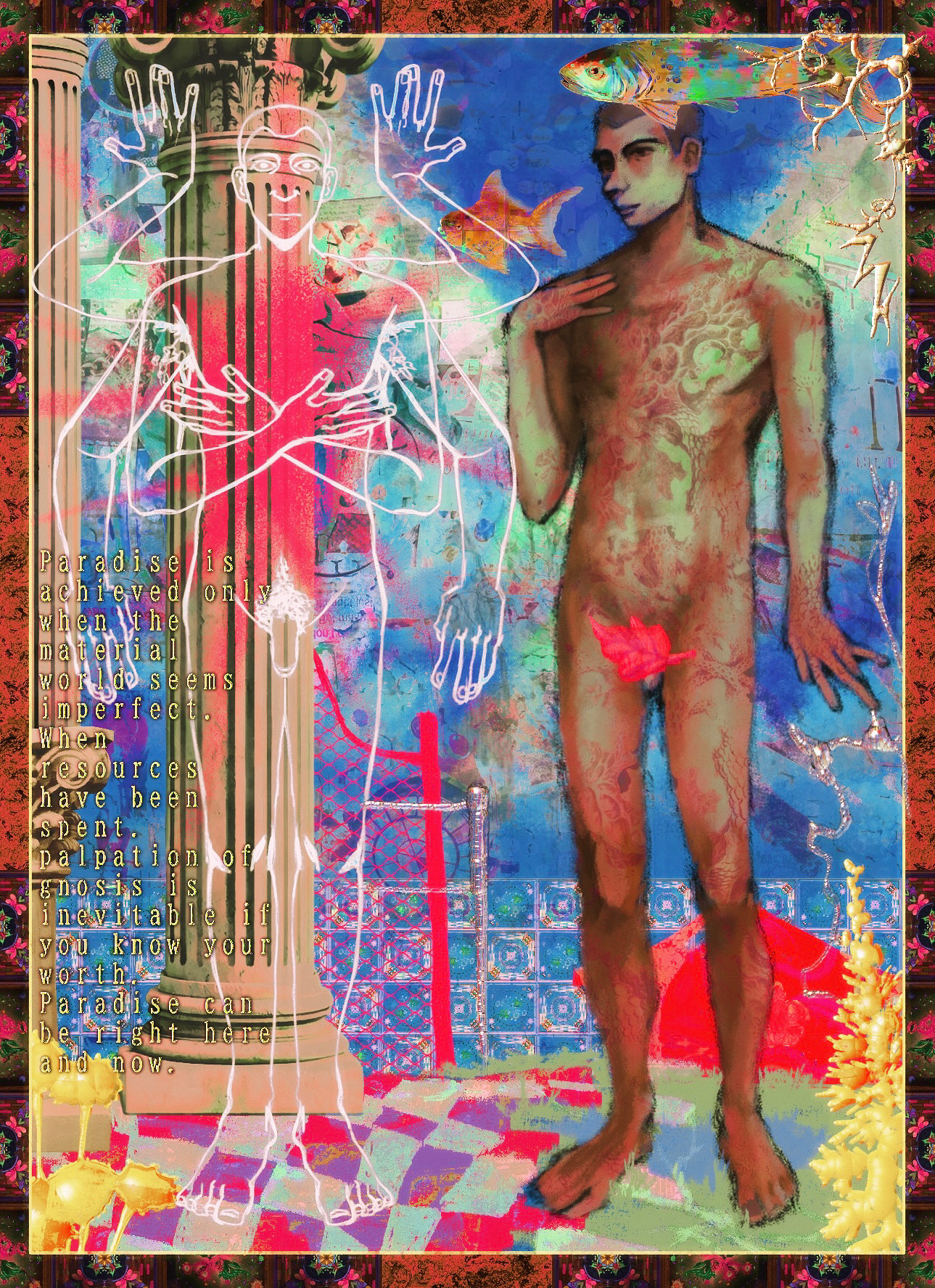 protagonist (no i'm not a human), no i'm not a human, commentary, english commentary, highres, 1boy, brown hair, collage, column, completely nude, english text, extra arms, fig leaf, fish, full body, leaf, leaf censor, male focus, nude, penis, pillar, short hair, standing, surreal, symbolism, zhenovlisko