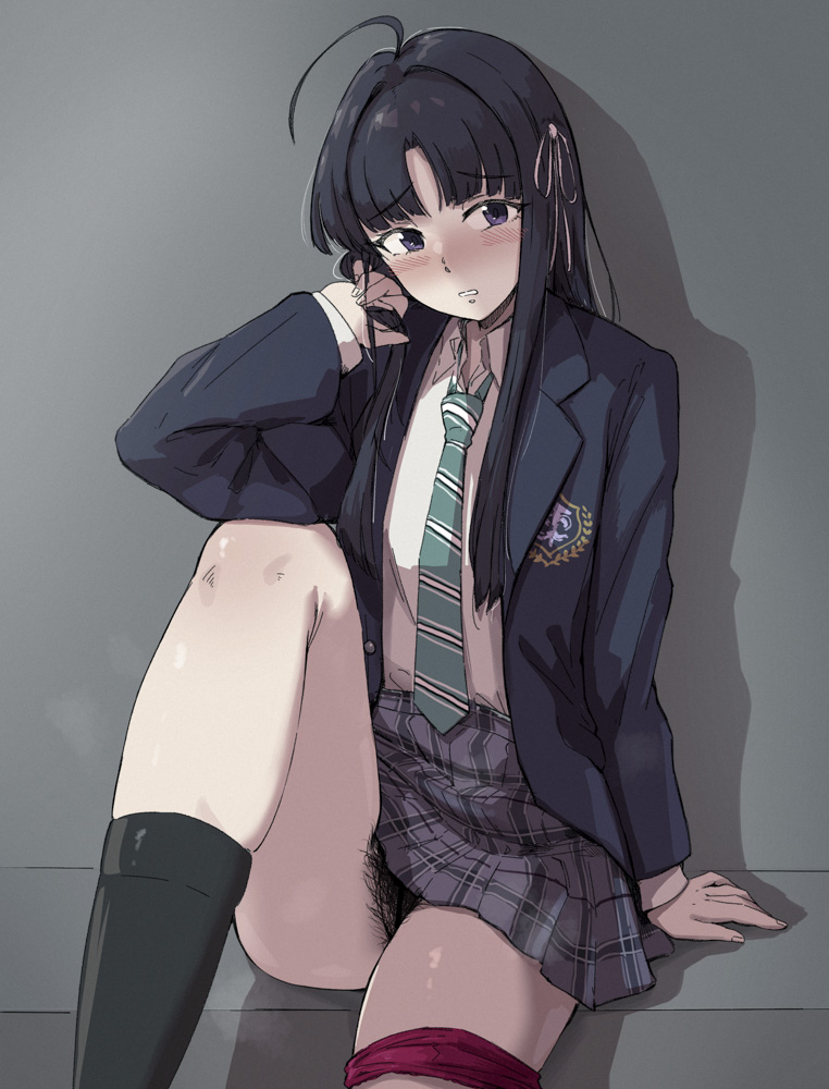 x4824, awa subaru, girls band cry, 1girl, ahoge, black hair, black socks, blush, clenched teeth, long hair, looking to the side, miniskirt, necktie, plaid clothes, plaid skirt, pubic hair, purple eyes, school uniform, shy, sitting, skirt, socks, solo, striped necktie, teeth