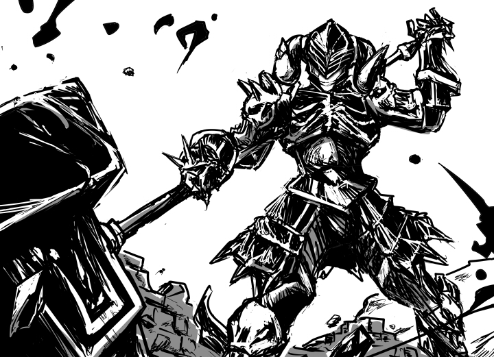 urokozuki, fantasy earth zero, gender request, androgynous, armor, blood, blood splatter, full armor, gauntlets, greaves, greyscale, hammer, helmet, horns, monochrome, pauldrons, ruins, shoulder armor, solo, visor (armor), war hammer, warhammer, weapon