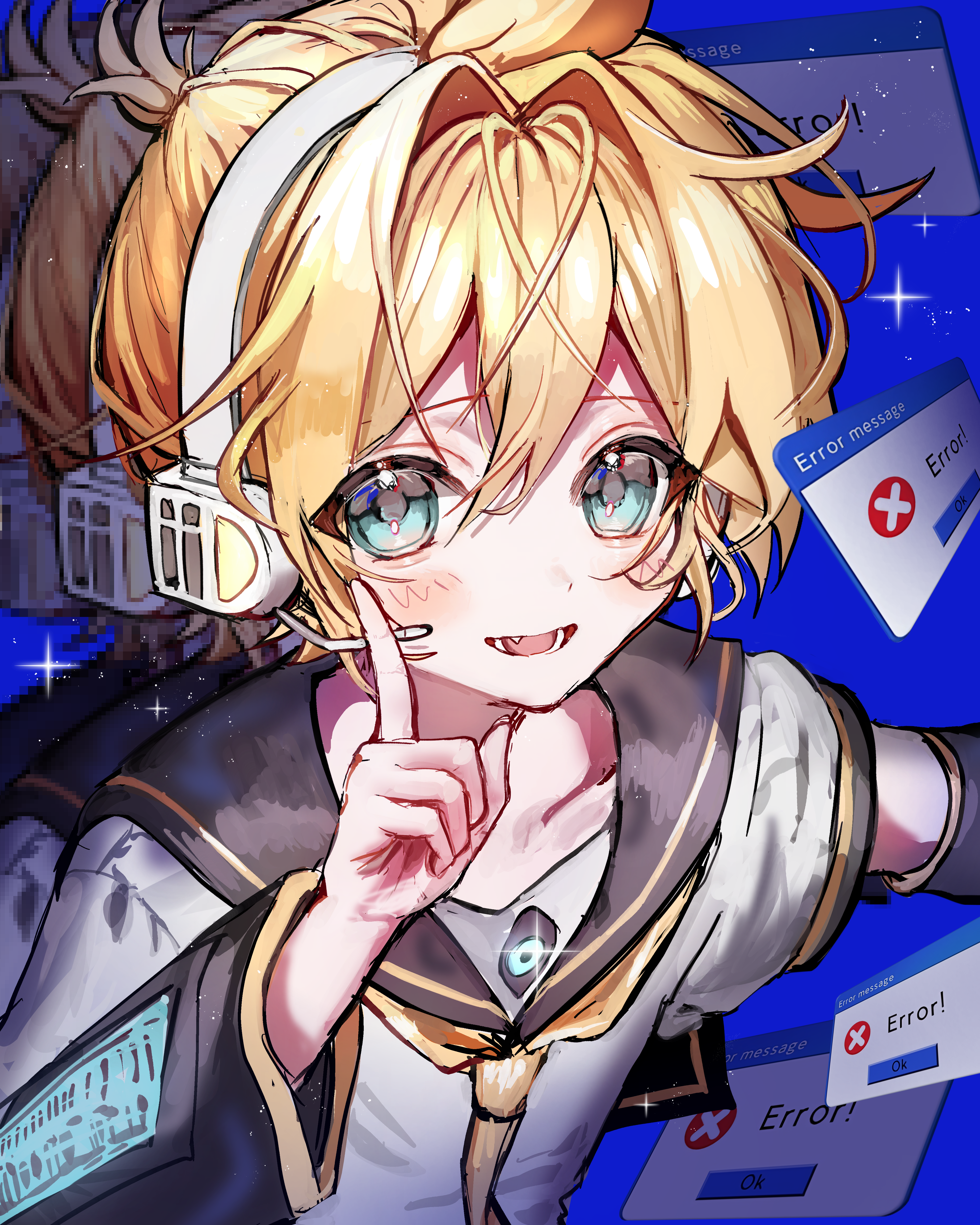 len 02, kagamine len, vocaloid, absurdres, highres, 1boy, aegyo sal, aqua eyes, bishounen, black arm warmers, black sailor collar, blonde hair, blue background, blush, error message, glint, hair between eyes, hair intakes, hand up, headphones, headset, light particles, looking at viewer, male focus, memeshii (utau), neckerchief, open mouth, pixelated, pointing, pointing up, recurring image, sailor collar, shirt, short hair, short sleeves, sidelocks, smile, solo, sparkle, upper body, white shirt, window (computing), yellow neckerchief, yellow trim