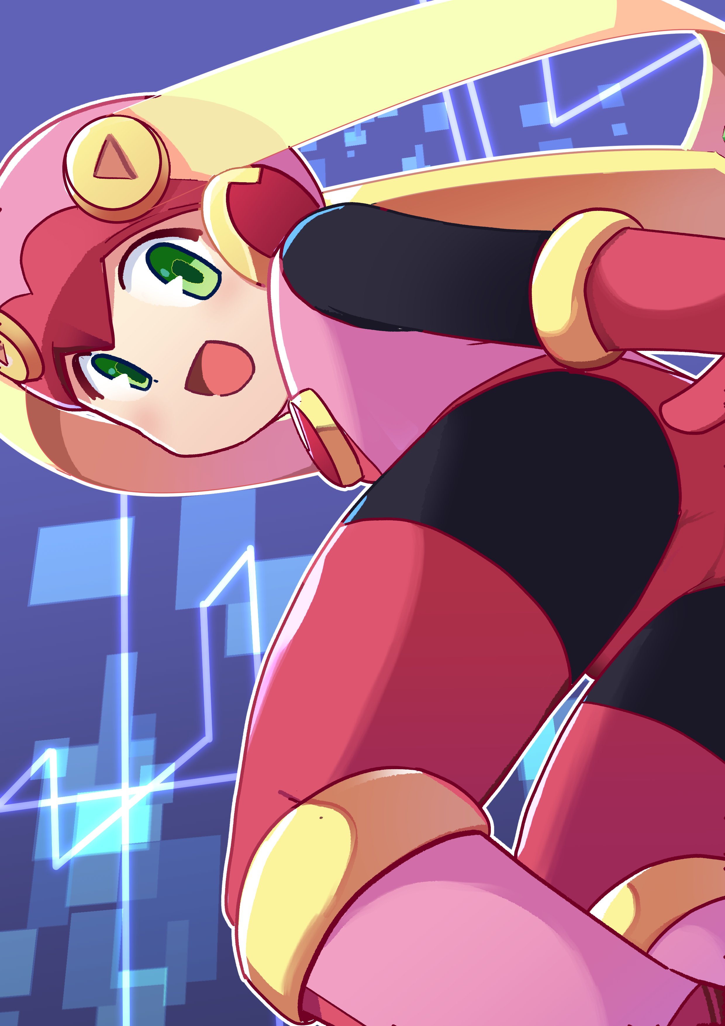 kanisawa yuuki, roll.exe (mega man), mega man (series), mega man battle network (series), absurdres, highres, 1girl, ass, black bodysuit, blonde hair, blue background, bodysuit, from behind, green eyes, helmet, leotard, long hair, looking at viewer, looking back, netnavi, open mouth, pink helmet, pink leotard, solo