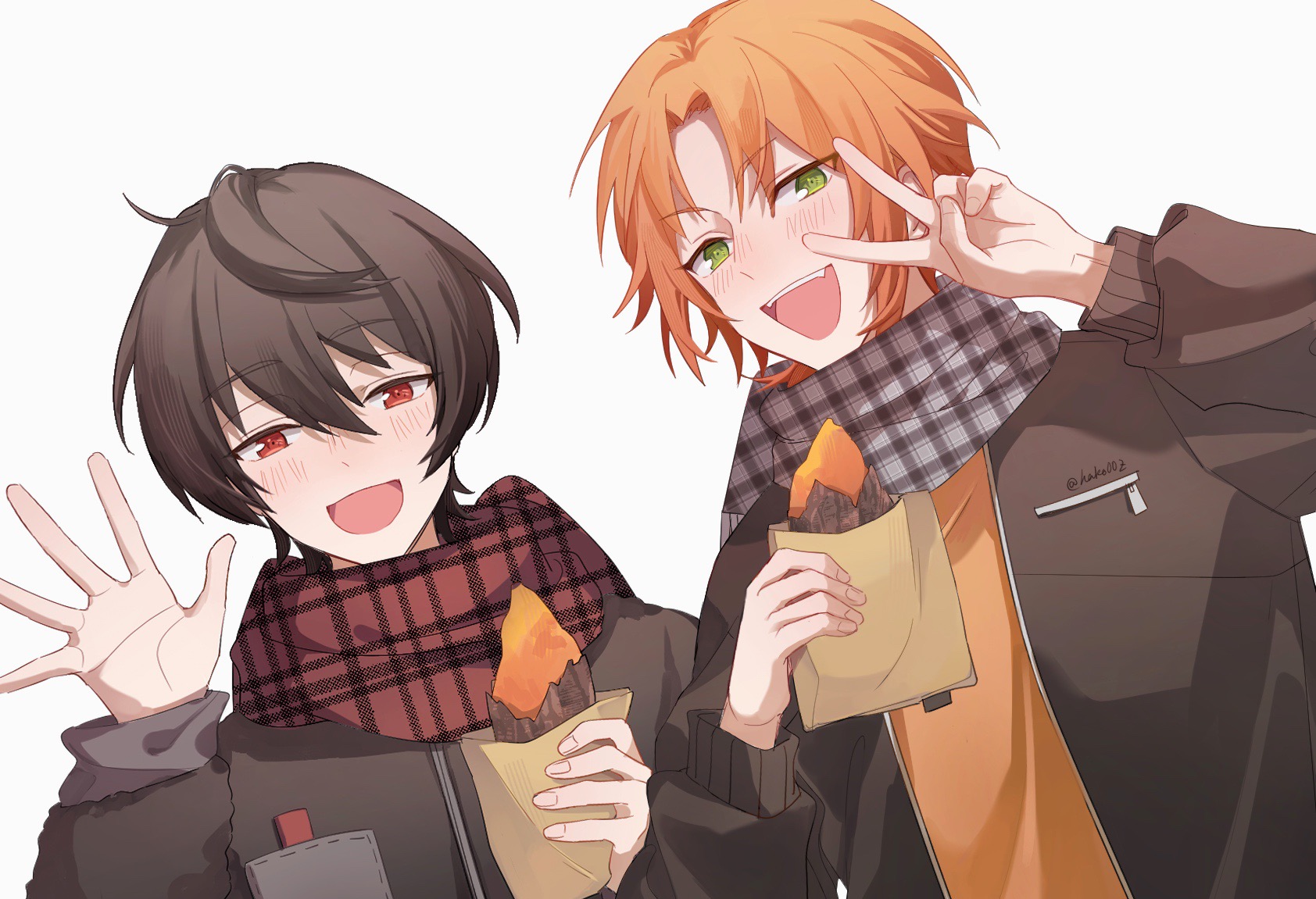 sakuma ritsu, tsukinaga leo, ensemble stars!, chinese commentary, commentary request, highres, 2boys, artist name, black hair, blush, brown coat, brown jacket, coat, dutch angle, fang, food, green eyes, hair between eyes, hako00z, hand up, holding, holding food, jacket, long sleeves, male focus, medium hair, multiple boys, open mouth, orange hair, orange shirt, plaid clothes, plaid scarf, pocket, puffy long sleeves, puffy sleeves, red eyes, roasted sweet potato, scarf, shirt, short hair, side ponytail, simple background, smile, sweet potato, upper body, v, v over eye, white background, winter, winter clothes, zipper