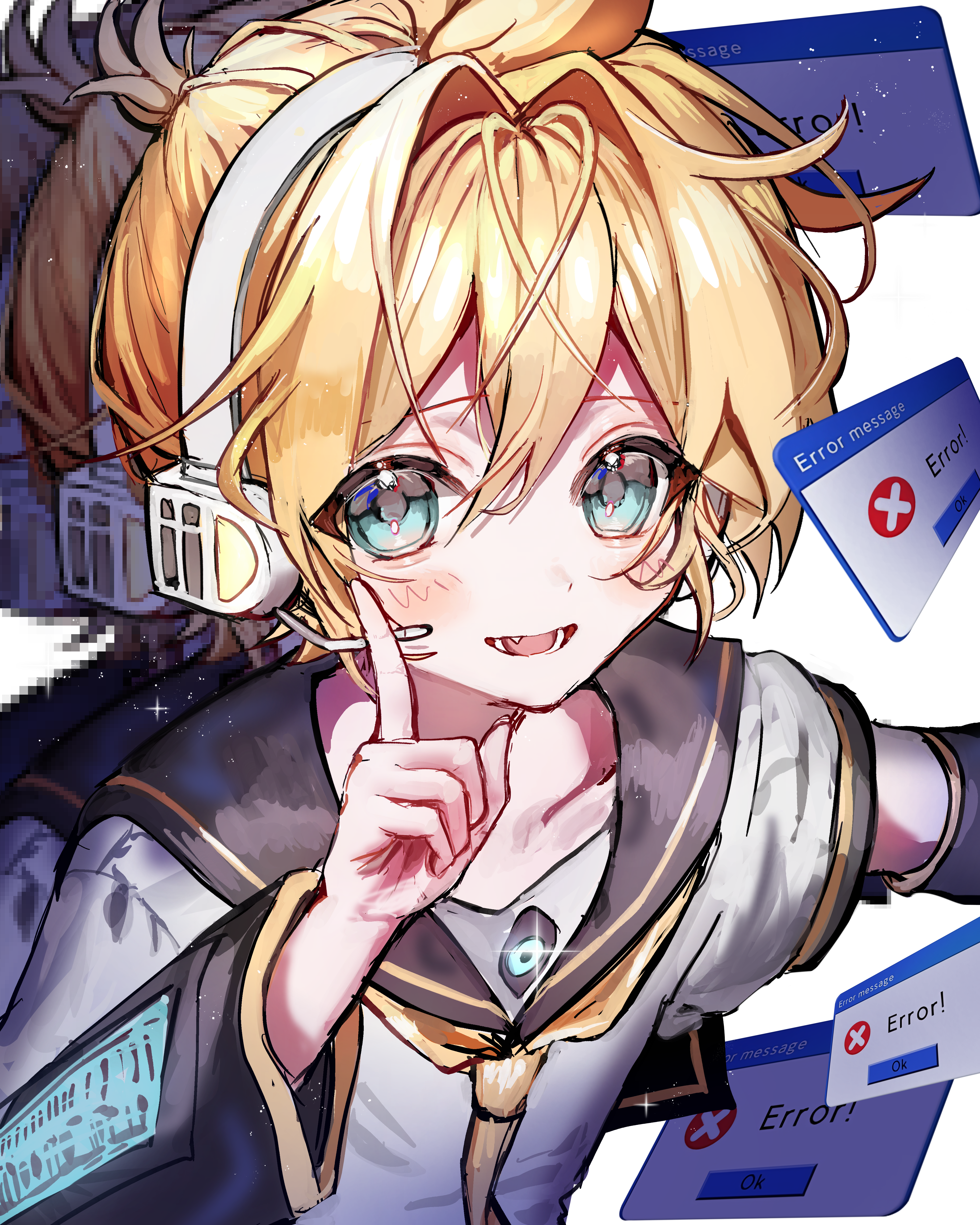 len 02, kagamine len, vocaloid, absurdres, highres, 1boy, aegyo sal, aqua eyes, bishounen, black arm warmers, black sailor collar, blonde hair, blush, error message, glint, hair between eyes, hair intakes, hand up, headphones, headset, light particles, looking at viewer, male focus, memeshii (utau), neckerchief, open mouth, pixelated, pointing, pointing up, recurring image, sailor collar, shirt, short hair, short sleeves, sidelocks, smile, solo, sparkle, upper body, white background, white shirt, window (computing), yellow neckerchief, yellow trim