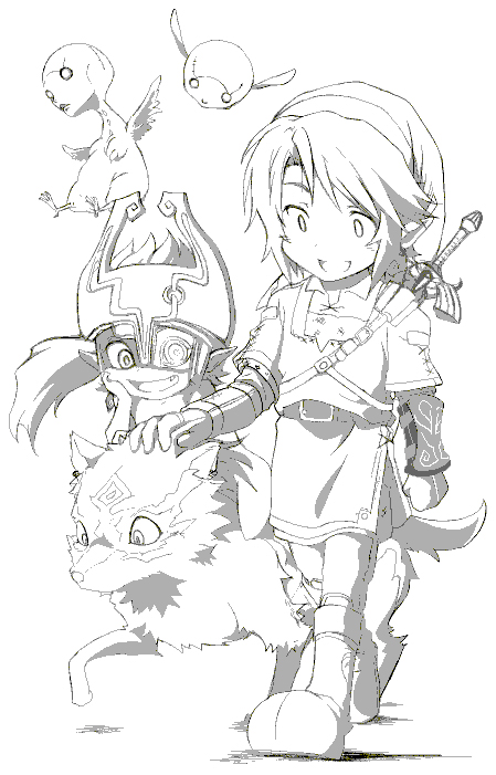 link, midna, oocca, ooccoo, ooccoo jr., wolf link, nintendo, the legend of zelda, the legend of zelda: twilight princess, 1boy, 1girl, dual persona, fang, gloves, greyscale, hat, helmet, master sword, monochrome, pointy ears, smile, sword, weapon, wings, wolf