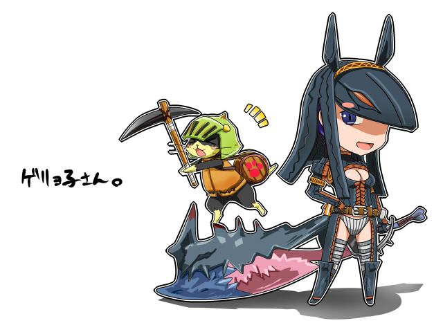 urokozuki, anubis (mythology), felyne, melynx, capcom, monster hunter (series), 1girl, axe, breasts, cat, chibi, cleavage, cleavage cutout, clothing cutout, gypceros (armor), helmet, large breasts, panties, pickaxe, tail, thighhighs, underwear, weapon
