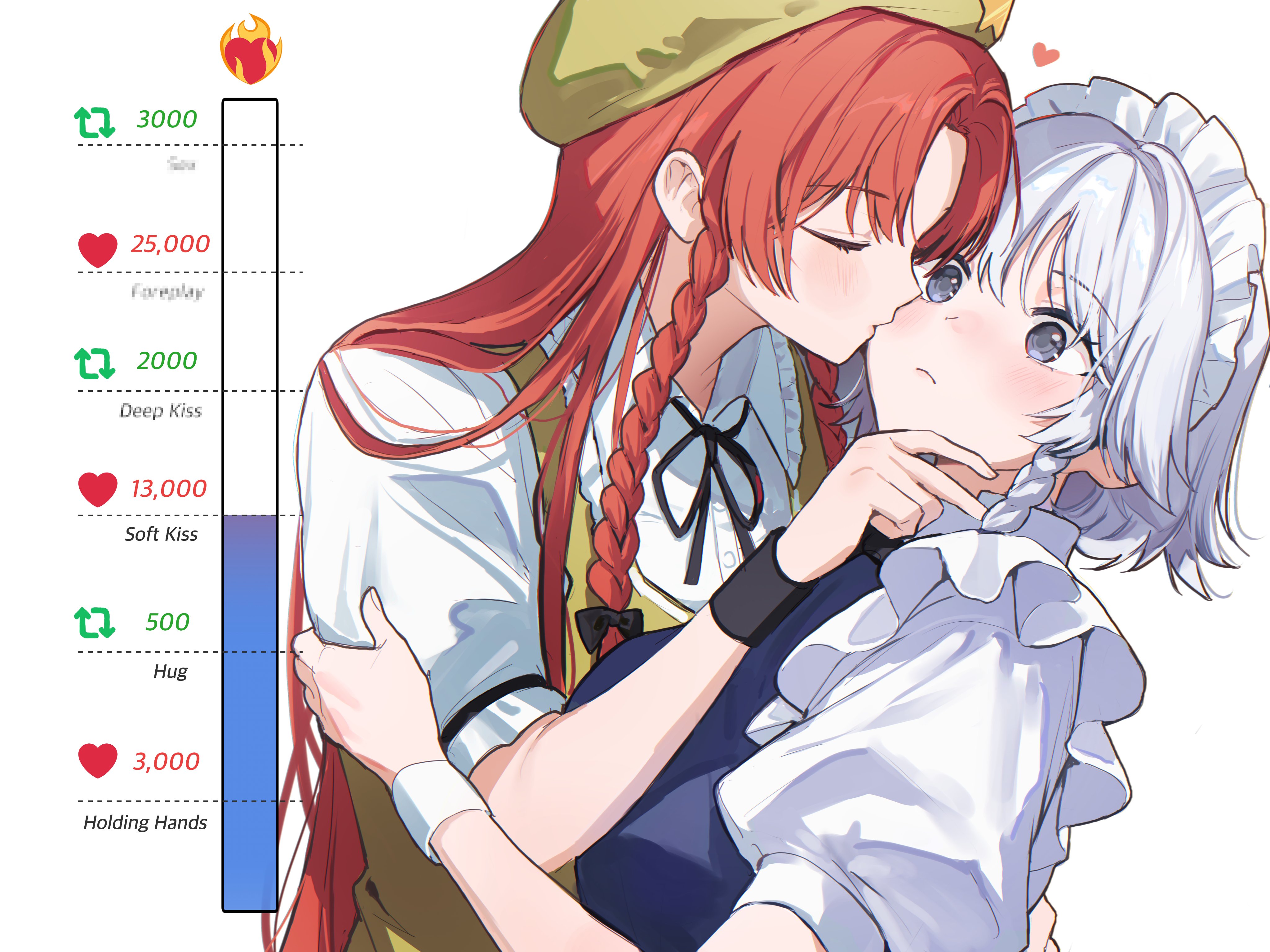 sarukana, hong meiling, izayoi sakuya, touhou, absurdres, highres, 2girls, beret, black bow, black ribbon, blue eyes, blue vest, bow, braid, closed eyes, closed mouth, collared shirt, frilled shirt collar, frills, green hat, green vest, grey hair, hair bow, hand on another's face, hat, hat ornament, heart, kiss, kissing cheek, long hair, maid headdress, medium hair, multiple girls, neck ribbon, parted bangs, puffy short sleeves, puffy sleeves, red hair, ribbon, shirt, short sleeves, side braids, star (symbol), star hat ornament, twitter strip game parody, upper body, vest, white background, white shirt, wrist cuffs, yuri