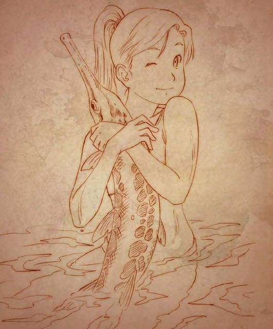 aaru sentou shuudan, aiko (dennou coil), dennou coil, 00s, 1girl, bare shoulders, bikini, female focus, fish, long hair, monochrome, one eye closed, orange theme, ponytail, solo, swimsuit, water, wink