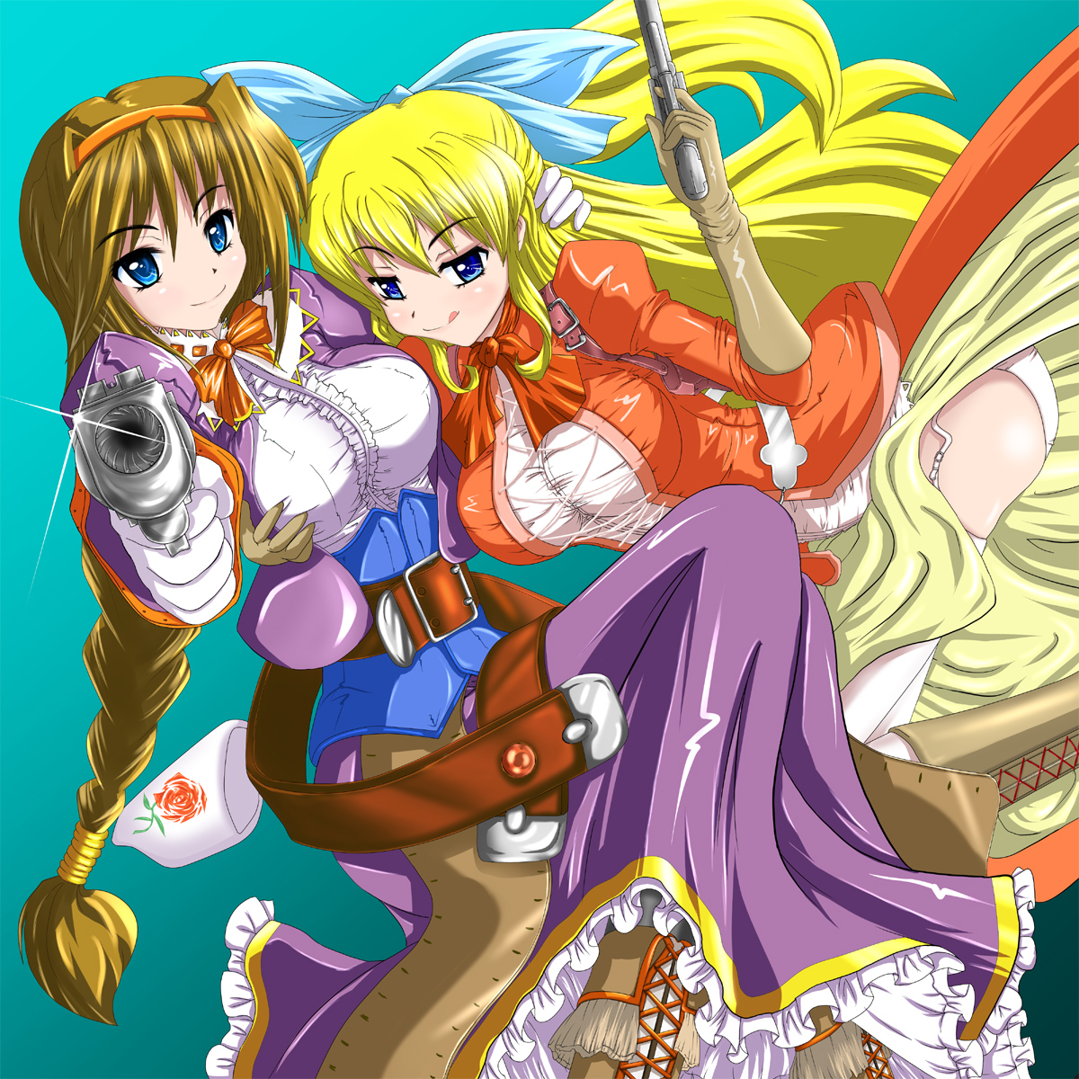 kado, maya schrodinger, virginia maxwell, wild arms, wild arms 3, bad id, bad pixiv id, highres, 2girls, :q, aiming, aiming at viewer, aqua background, belt, blonde hair, blue eyes, boots, bow, bowtie, breasts, corset, dress, flower, garter straps, gloves, grabbing another's breast, groping, gun, hair ribbon, hairband, half updo, handgun, hug, large breasts, lens flare, multiple girls, orange dress, orange hairband, panties, purple dress, revolver, ribbon, rose, thighhighs, tongue, tongue out, underwear, upskirt, weapon, yuri