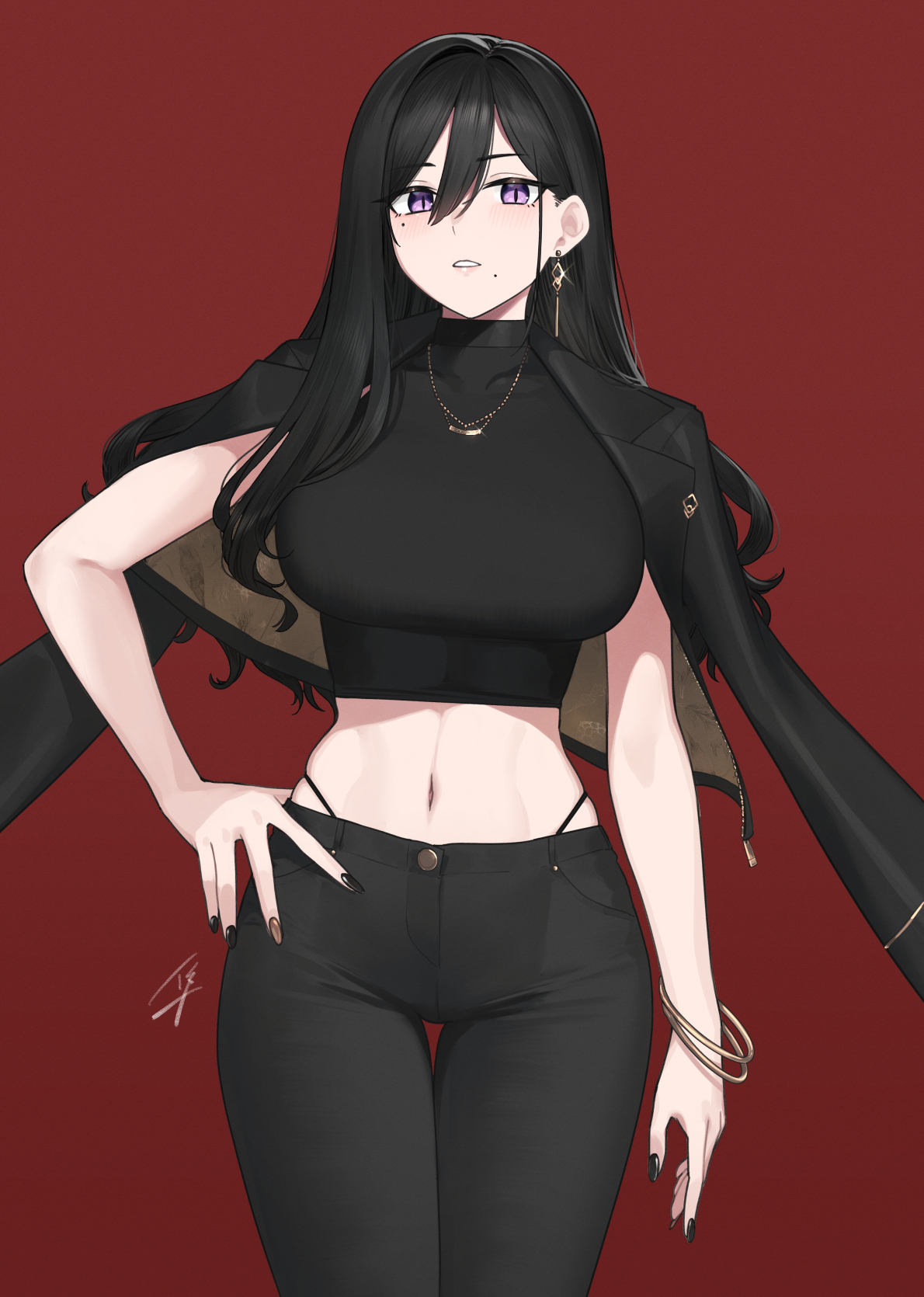 hayabusa (vert 320), classy-black-haired girl (hayabusa), original, highres, 1girl, arm at side, black jacket, black nails, black panties, black pants, black shirt, blush, bracelet, breasts, cowboy shot, crop top, cropped shirt, earrings, hair between eyes, hand on own hip, highleg, highleg panties, jacket, jacket on shoulders, jewelry, large breasts, long hair, looking at viewer, mole, mole under eye, mole under mouth, nail polish, navel, necklace, panties, pants, parted lips, purple eyes, red background, shirt, signature, simple background, solo, standing, stomach, underwear