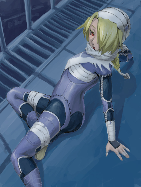 goma tonbi, sheik, metal gear (series), metal gear solid, nintendo, super smash bros., the legend of zelda, the legend of zelda: ocarina of time, 1girl, androgynous, ass, bandages, blonde hair, blush, braid, breast bind, female focus, long hair, mask, red eyes, reverse trap, sarashi, solo, surcoat