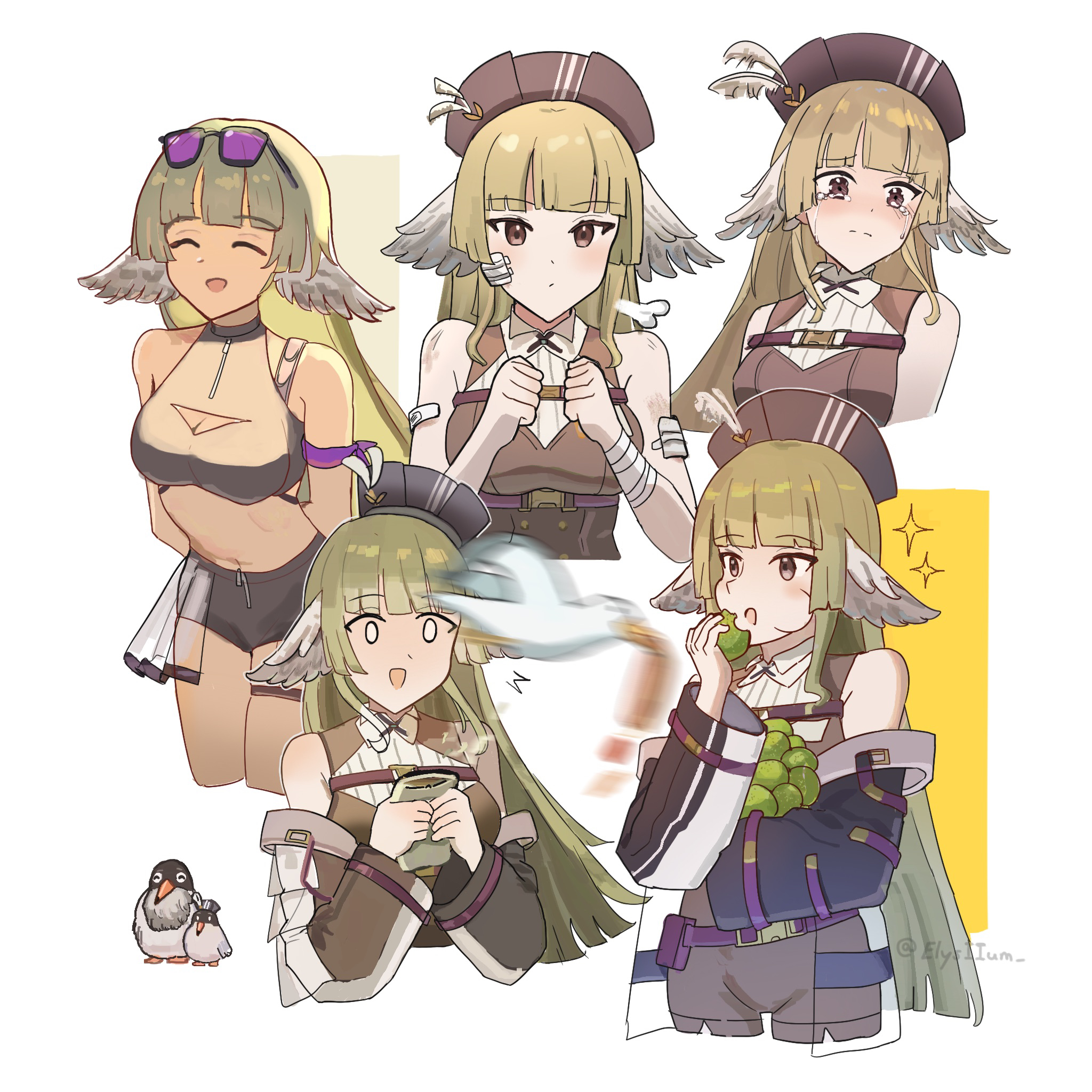 elysiium, poncirus (arknights), poncirus (to rest in night breezes) (arknights), arknights, commentary, english commentary, highres, 0 0, 1girl, :d, ^ ^, animal, bandaged wrist, bandages, bare shoulders, bird, black-framed eyewear, blunt bangs, blurry, blush, breasts, brown eyes, brown hat, cleavage, cleavage cutout, clenched hands, closed eyes, closed mouth, clothing cutout, crying, crying with eyes open, dirty, eating, eyewear on head, food, green hair, hat, holding, holding food, long hair, long sleeves, medium breasts, motion blur, multiple views, off shoulder, official alternate costume, open mouth, puff of air, purple-tinted eyewear, smile, sparkle, surprised, tears, tinted eyewear, twitter username, watermark, white background, white bird