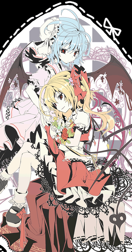 fruit punch, flandre scarlet, remilia scarlet, touhou, 2girls, blonde hair, blue hair, female focus, flower, multiple girls, red eyes, siblings, sisters, wings