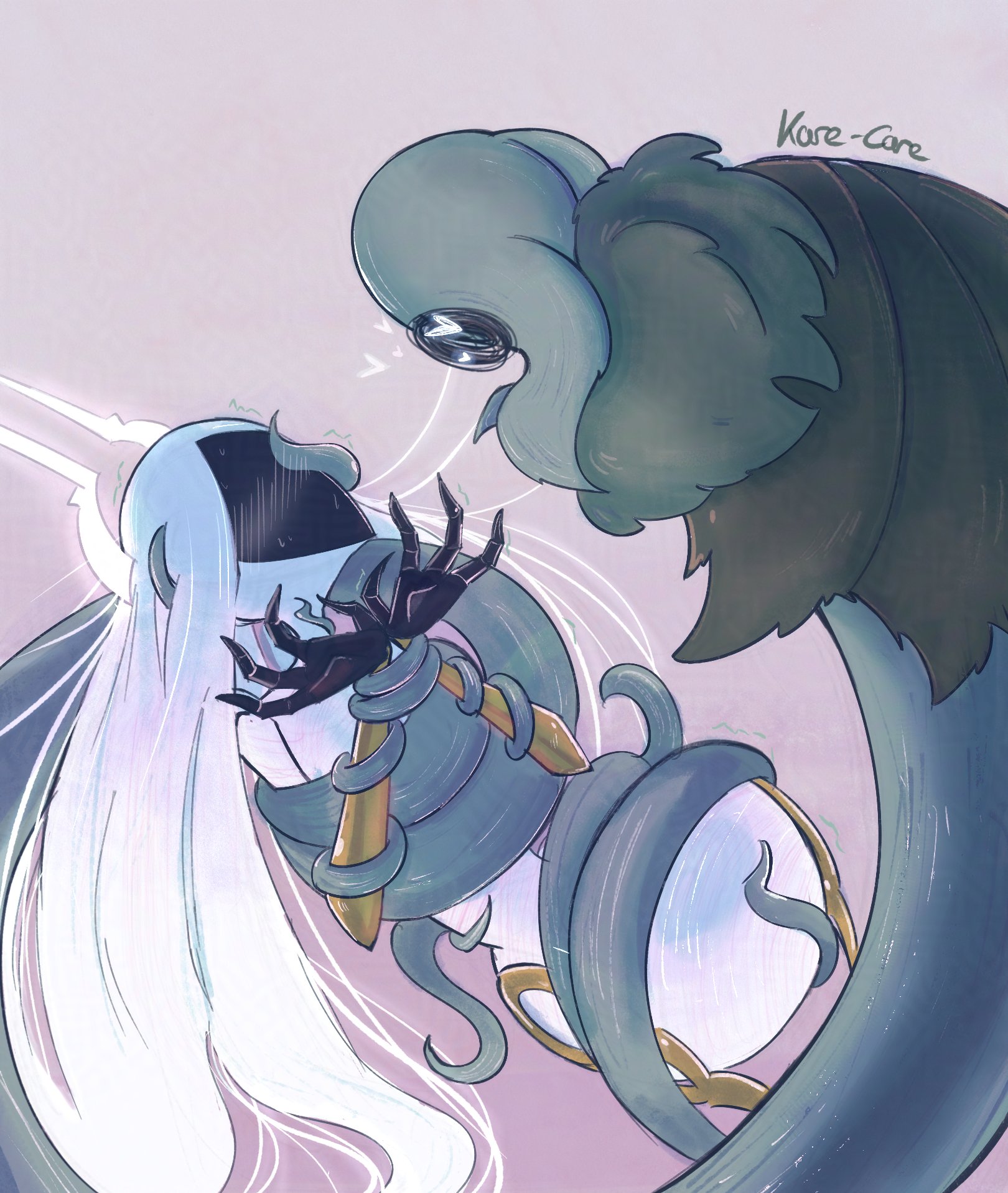 hollow knight, hollow knight: silksong, highres, 1girl, 1other, artist name, black skin, bound, bound wrists, colored skin, grand mother silk (hollow knight), grey background, greyroot (hollow knight), heart, horns, kare care, long hair, looking at another, simple background, tentacles, white hair, white skin