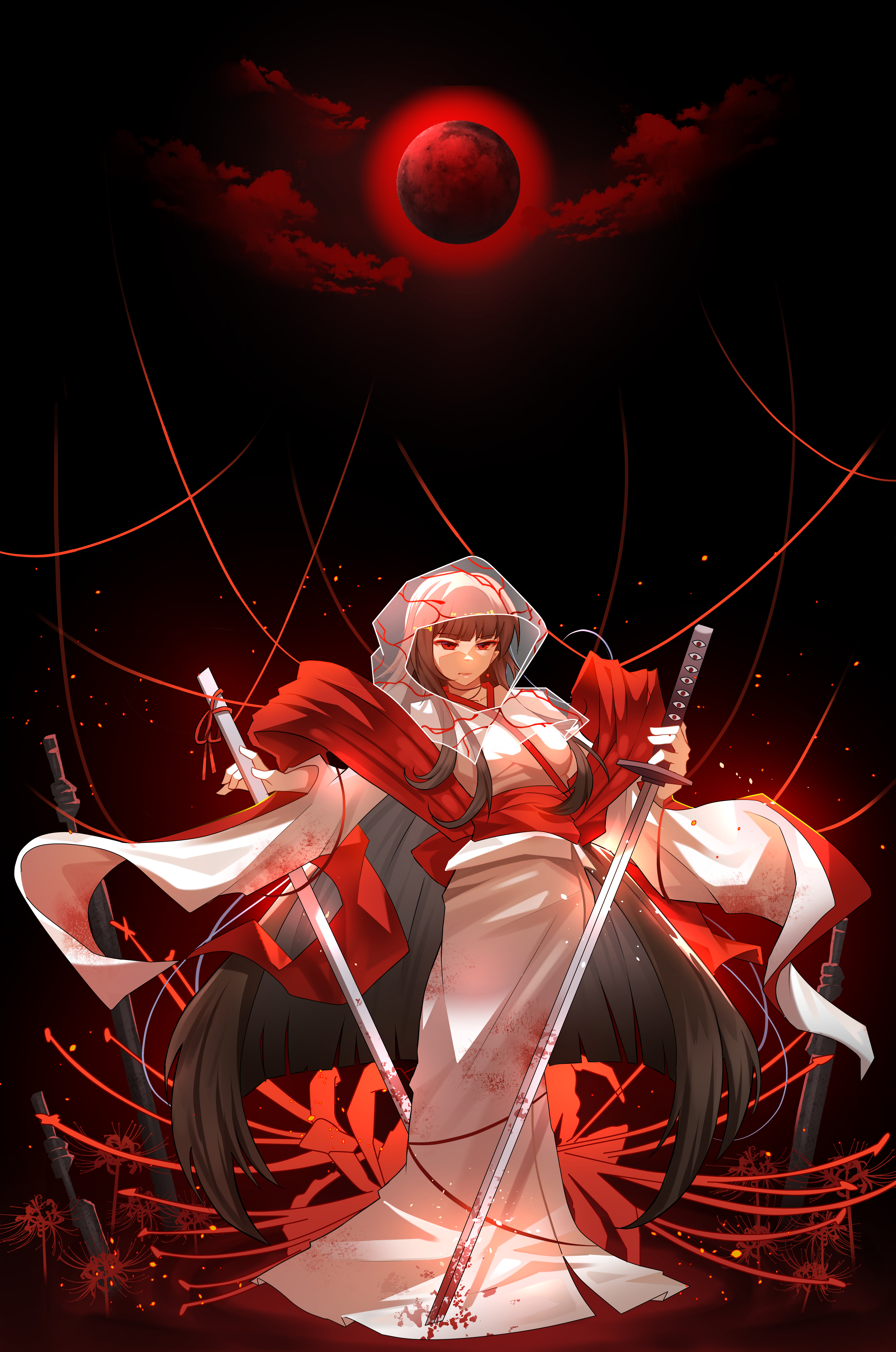 ryoshu (project moon), limbus company, project moon, absurdres, commentary request, highres, 0910615903-hsu, 1girl, black hair, breasts, bridal veil, closed mouth, cloud, flower, holding, holding sheath, holding sword, holding weapon, hood, japanese clothes, katana, kimono, light particles, long hair, long sleeves, moon, obi, planted, planted sword, planted weapon, red eyes, red flower, red sash, sash, see-through clothes, sheath, shiromuku, small breasts, solo, spider lily, standing, string, sword, uchikake, veil, wataboushi, weapon, white kimono, wide sleeves