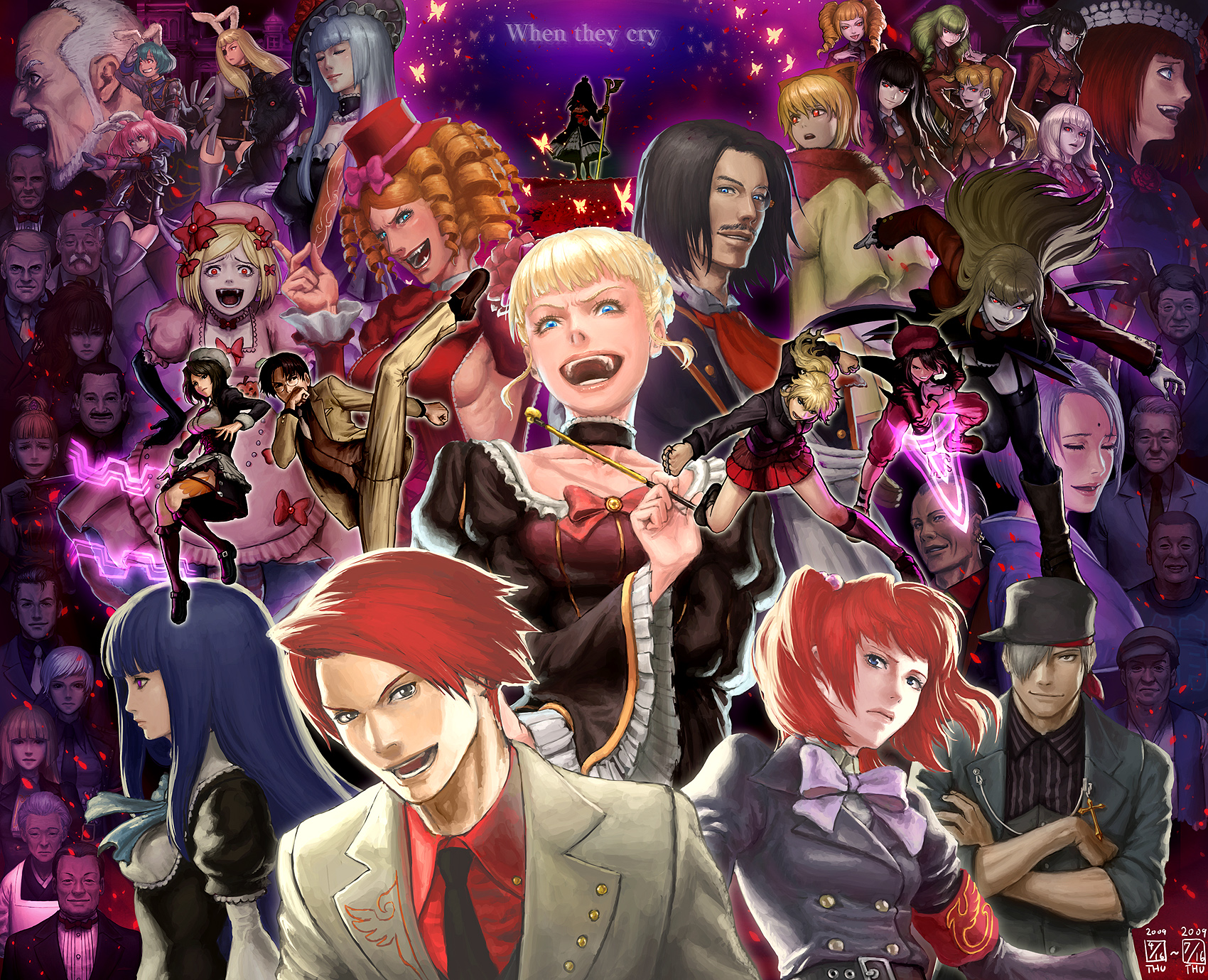 ikeda (cpt), uraike, amakusa juuza, asmodeus (umineko), beatrice (umineko), beelzebub (umineko), belphegor (umineko), captain kawabata, chiester00, chiester410, chiester45, chiester sisters, frederica bernkastel, gaap (umineko), goatman (umineko), gouda toshirou, kanon (umineko), kumasawa chiyo, kumasawa sabakichi, lambdadelta, leviathan (umineko), lucifer (umineko), mammon (umineko), maria (umineko), nanjou masayuki, nanjou terumasa, okonogi tetsurou, professor ootsuki, ronoue genji, ronove (umineko), sakutarou (umineko), satan (umineko), shannon (umineko), stakes of purgatory, sumadera kasumi, ushiromiya ange, ushiromiya battler, ushiromiya eva, ushiromiya george, ushiromiya hideyoshi, ushiromiya jessica, ushiromiya kinzou, ushiromiya krauss, ushiromiya kyrie, ushiromiya maria, ushiromiya natsuhi, ushiromiya rosa, ushiromiya rudolf, virgilia (umineko), 07th expansion, alliance of the golden witch, no naku koro ni (series), umineko no naku koro ni, screencap, striped legwear, highres, md5 mismatch, resolution mismatch, source smaller, 00s, 6+boys, 6+girls, absolutely everyone, animal ears, aqua hair, armband, battle, belt, black eyes, black hair, blonde hair, blue eyes, blue hair, blunt bangs, bow, breasts, brown hair, bug, butterfly, castle, casual, cat ears, chain, choker, closed eyes, collar, crazy eyes, creepy, crossed arms, dress, drill hair, earrings, elbow gloves, everyone, eyepatch, facial hair, fang, faux traditional media, flower, formal clothes, frills, glasses, gloves, green hair, hair bobbles, hair bow, hair ornament, hand fan, hand on own hip, hat, hime cut, hip focus, horns, horror (theme), insect, jacket, japanese clothes, jewelry, kiseru, large breasts, laughing, lipstick, long coat, long hair, magic circle, makeup, mary janes, monocle, multiple boys, multiple girls, mustache, necktie, old, orange eyes, orange hair, pink dress, pink hair, ponytail, purple eyes, rabbit ears, realistic, red eyes, red hair, ribbon, ringlets, rose, sad, scarf, scepter, serious, shirt, shoes, short hair, showgirl skirt, sideboob, smile, smoking pipe, socks, striped clothes, striped thighhighs, tattoo, thighhighs, twintails, very long hair, white hair, zettai ryouiki