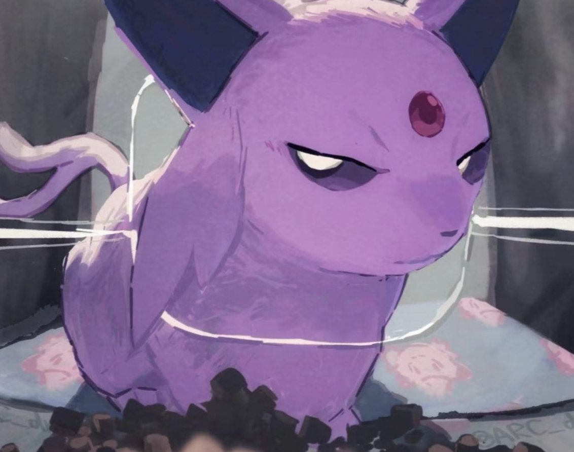 arc draws, espeon, nintendo, pokemon, photo-referenced, food, forehead jewel, forked tail, full body, gen 2 pokemon, looking at viewer, no humans, pokemon (creature), tail