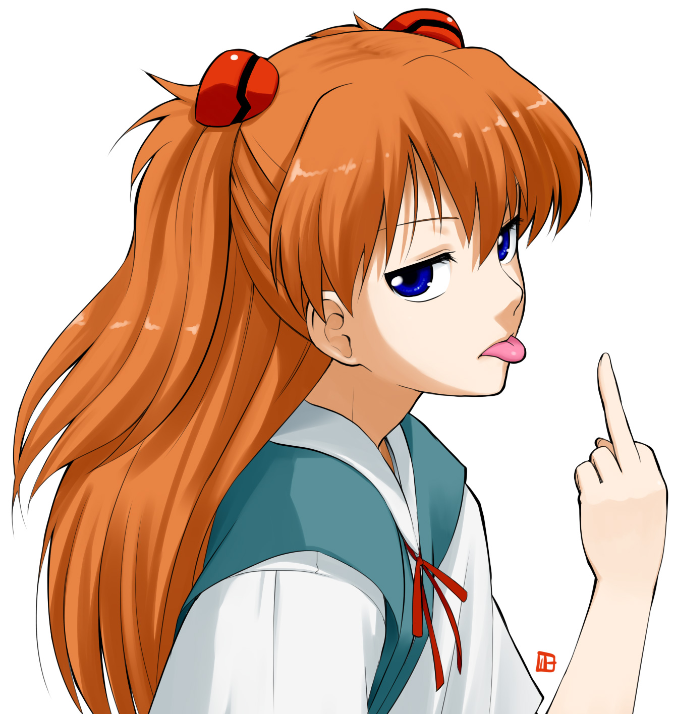 nagian, souryuu asuka langley, evangelion: 2.0 you can (not) advance, neon genesis evangelion, rebuild of evangelion, bad id, bad pixiv id, highres, 00s, 1girl, :p, blue eyes, female focus, long hair, middle finger, orange hair, red hair, school uniform, solo, tongue, tongue out