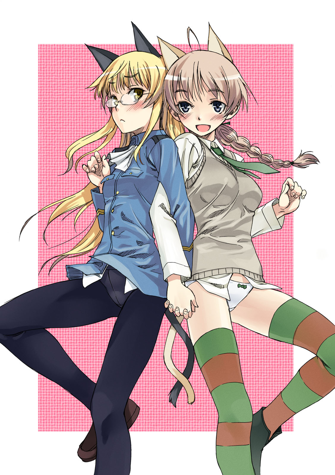 satou atsuki, lynette bishop, perrine h. clostermann, strike witches, world witches series, multicolored legwear, striped legwear, highres, 00s, 2girls, animal ears, blonde hair, blue eyes, blush, braid, cat ears, cat tail, glasses, holding hands, legs, multiple girls, necktie, no pants, open mouth, pantyhose, striped clothes, striped thighhighs, tail, thighhighs, yellow eyes