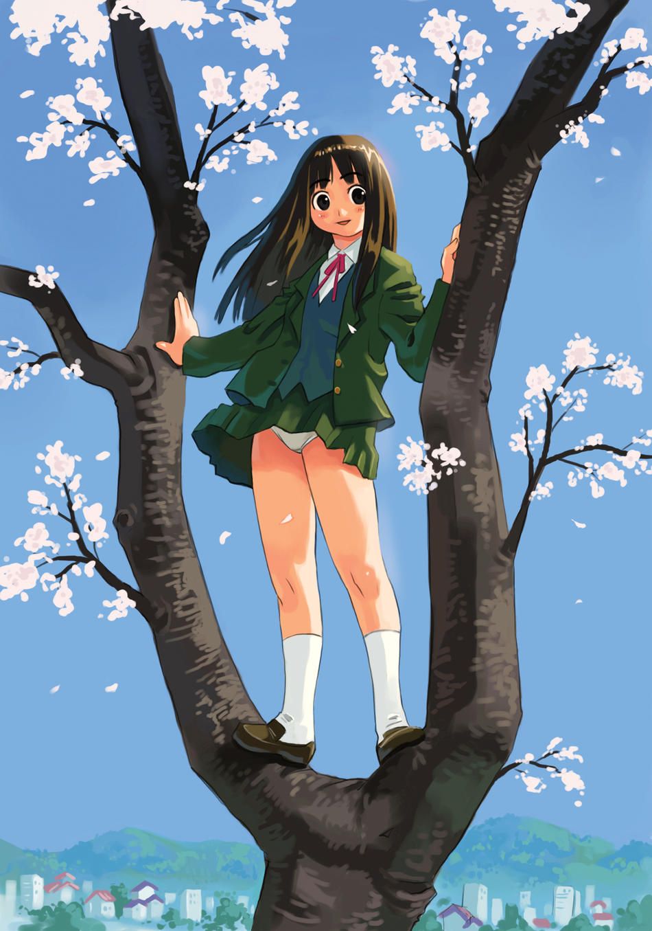 ryoji (nomura ryouji), highres, 1girl, black eyes, black hair, blush, brown hair, cherry blossoms, city, female focus, in tree, kneehighs, long hair, panties, pantyshot, school uniform, skirt, smile, socks, solo, tree, underwear, white panties, wind, wind lift