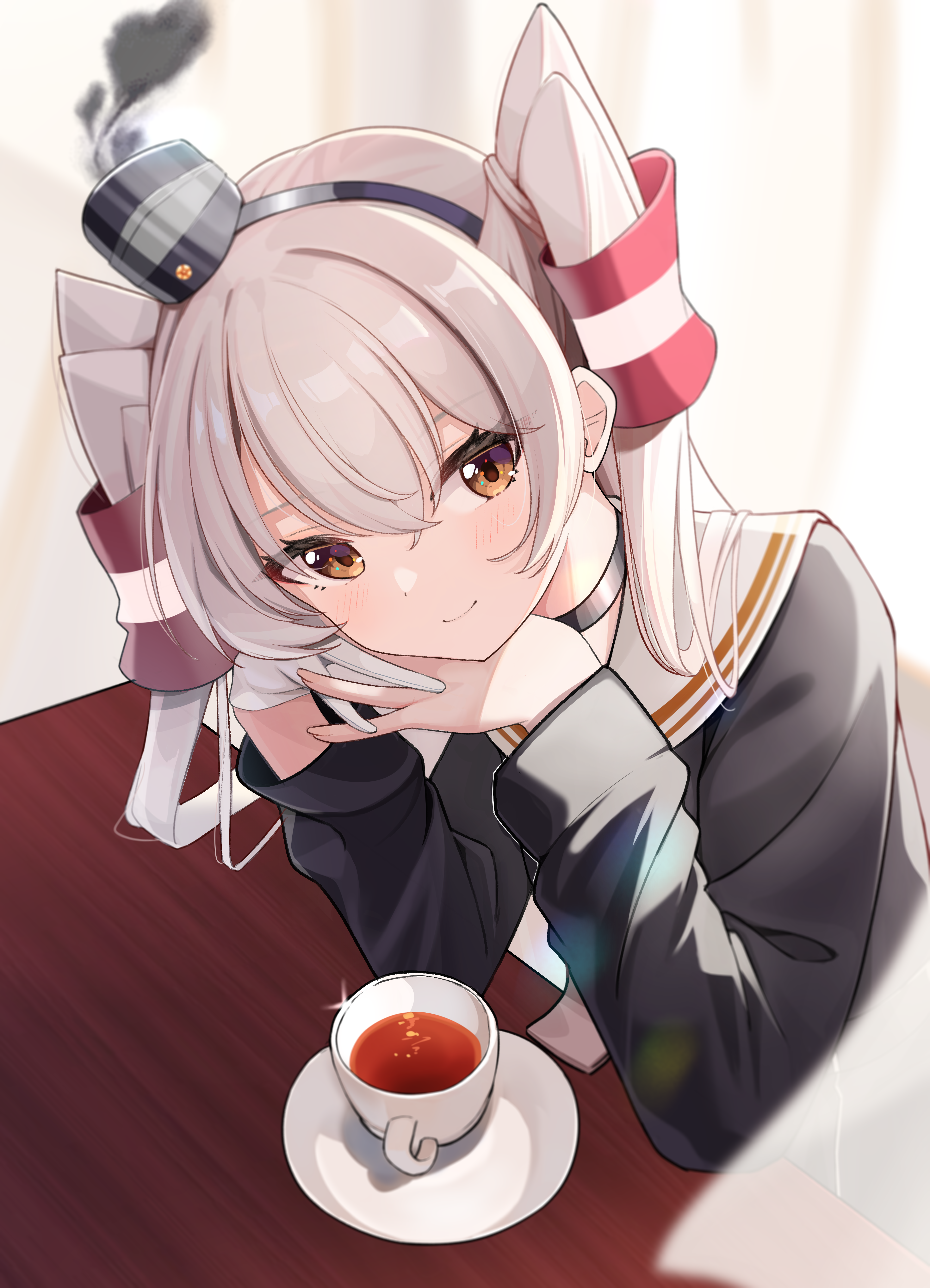 jing (947728534), amatsukaze (kancolle), amatsukaze kai ni (kancolle), kantai collection, absurdres, highres, 1girl, breasts, brown eyes, brown serafuku, choker, coffee mug, cup, gloves, grey hair, head rest, looking at viewer, mug, sailor collar, school uniform, serafuku, small breasts, solo, twintails, white gloves, white sailor collar