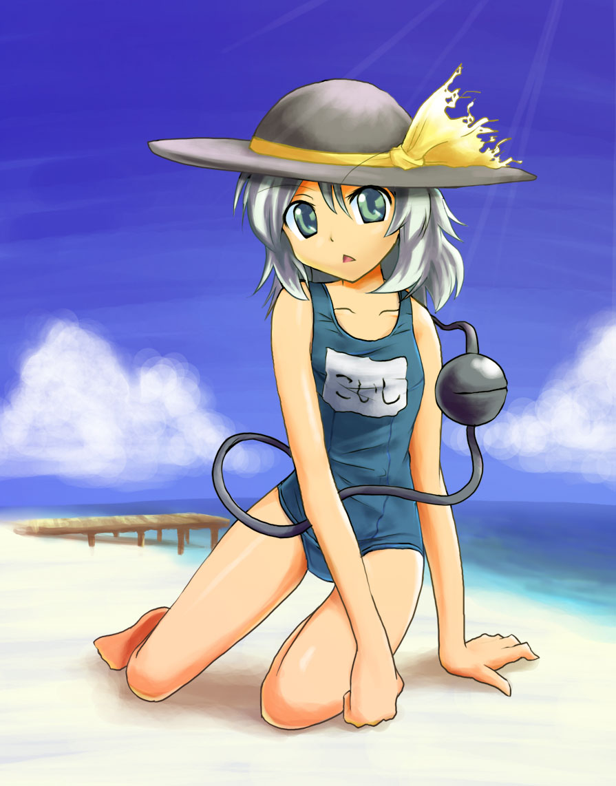 m spark, komeiji koishi, touhou, 1girl, :<, barefoot, beach, cloud, day, dock, female focus, flat chest, full body, green eyes, grey hair, hat, kneeling, ocean, one-piece swimsuit, outdoors, ribbon, school swimsuit, sky, solo, swimsuit