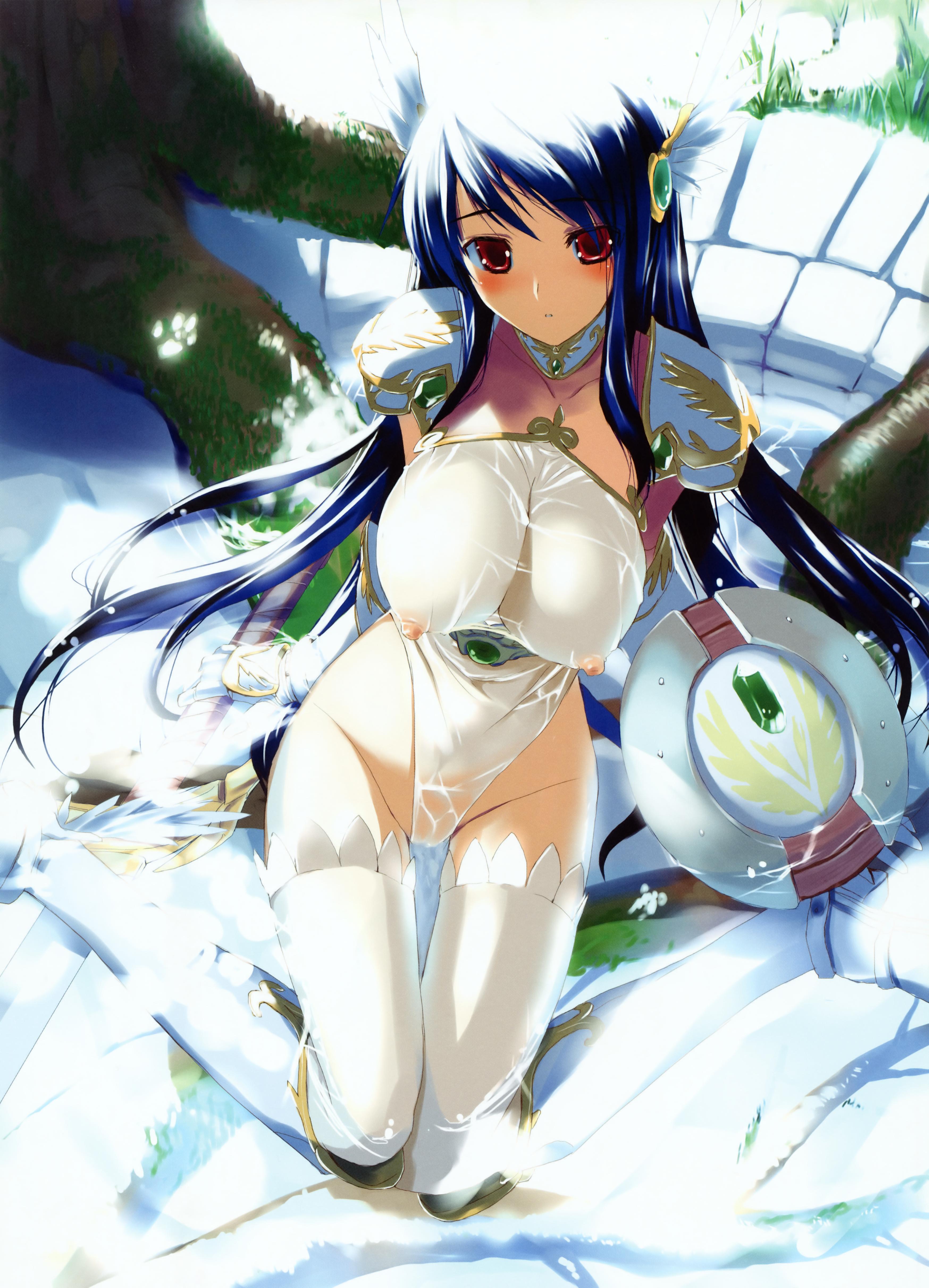 hima, absurdres, highres, 1girl, armor, blue hair, blush, boots, breasts, china dress, chinese clothes, covered erect nipples, dress, female focus, huge breasts, long hair, nipples, red eyes, see-through clothes, shield, solo, sword, thighhighs, water, weapon, wet, wet clothes