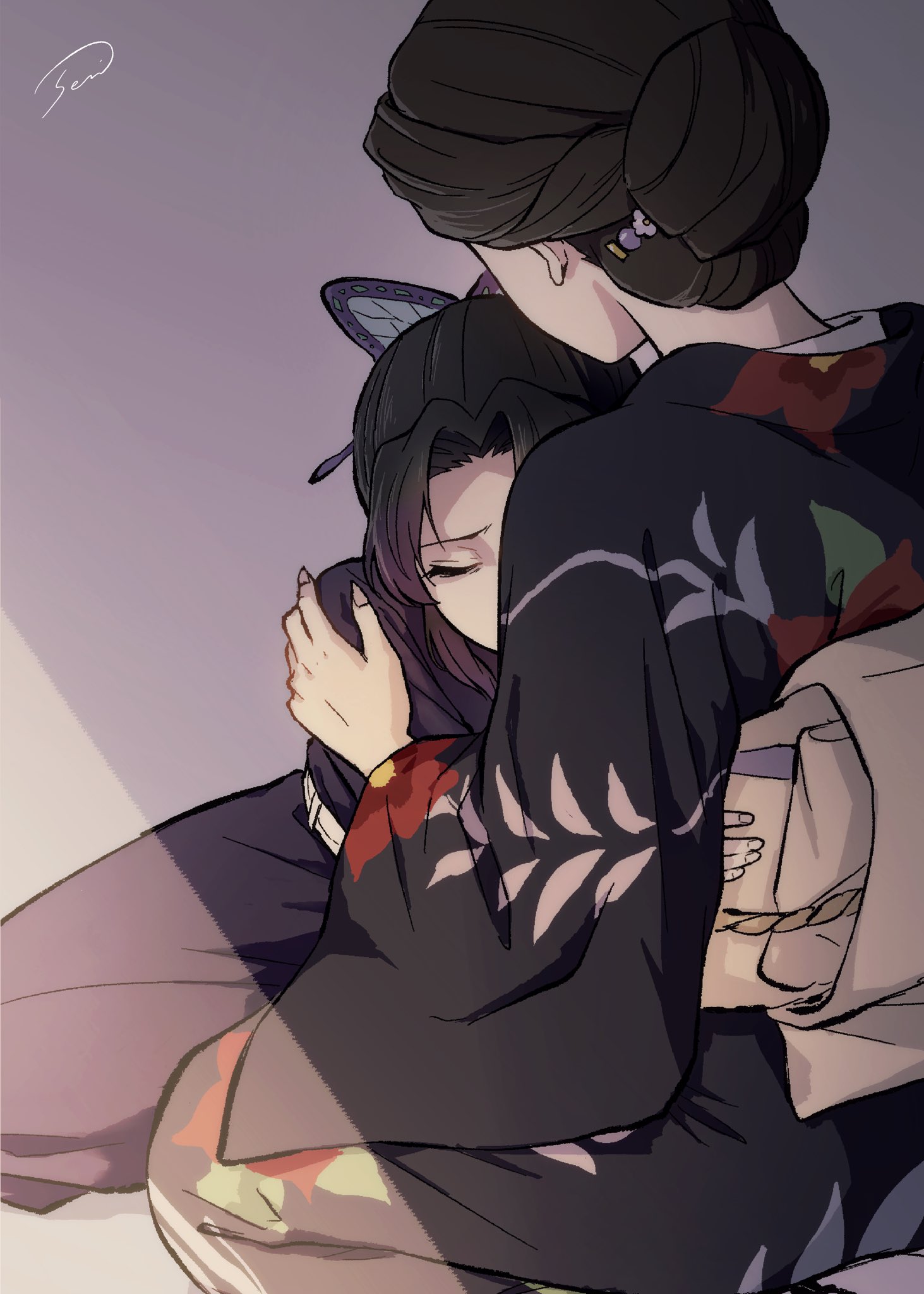 kochou shinobu, kimetsu no yaiba, hashtag-only commentary, highres, 2girls, banyuan (semi shino), black hair, black kimono, butterfly hair ornament, demon slayer uniform, fingernails, floral print, grey background, hair ornament, japanese clothes, kimono, long sleeves, multiple girls, parted bangs, sharp fingernails, short hair, sitting