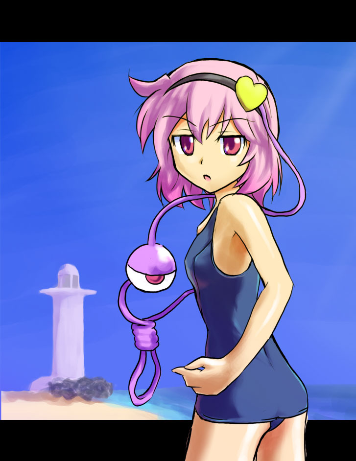 m spark, komeiji satori, touhou, 1girl, beach, female focus, hairband, heart, letterboxed, lighthouse, ocean, one-piece swimsuit, outdoors, pink eyes, pink hair, school swimsuit, sky, solo, swimsuit