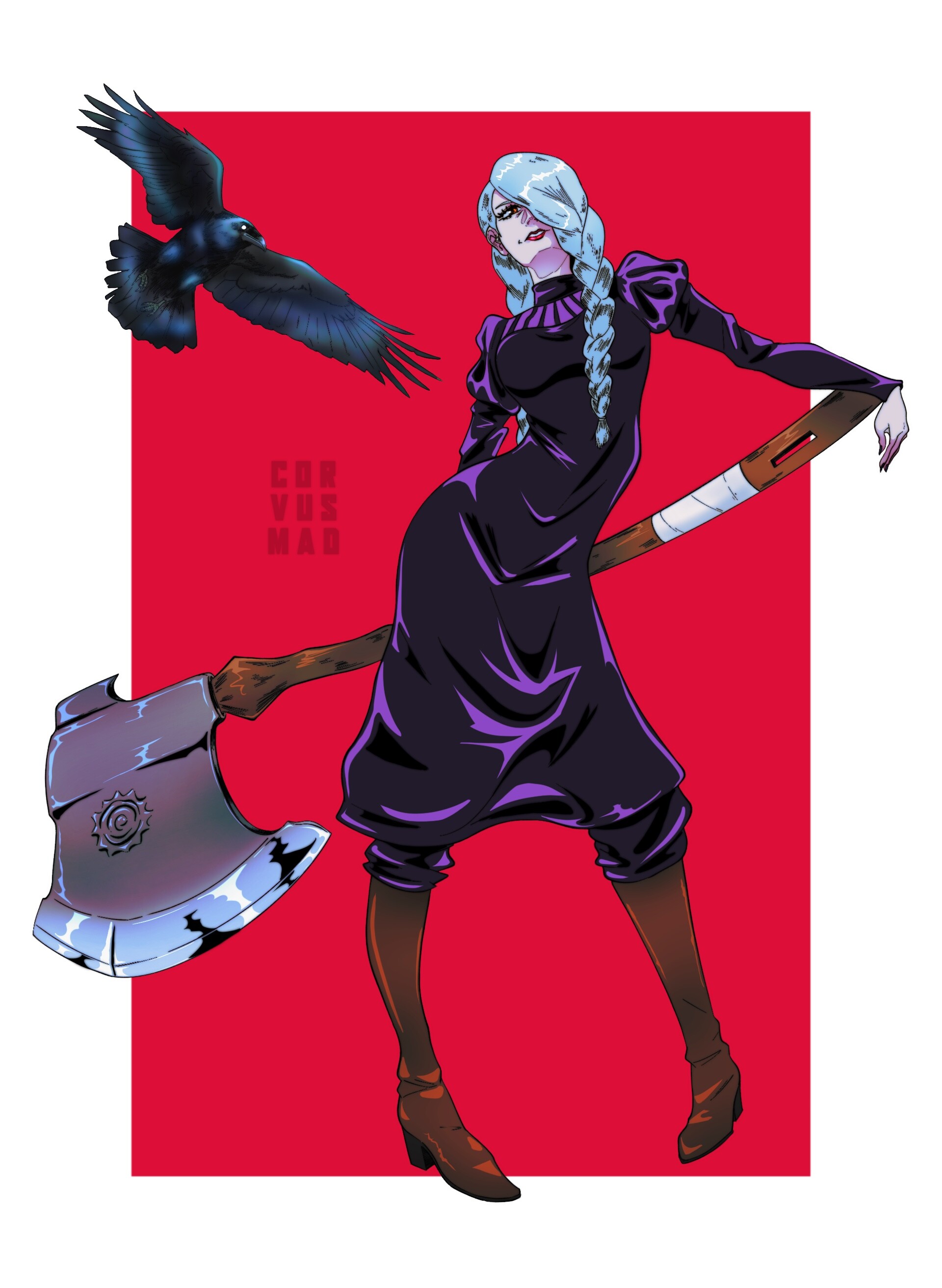 mei mei (jujutsu kaisen), jujutsu kaisen, absurdres, highres, non-web source, 1girl, axe, bird, black dress, braid, braided bangs, braided ponytail, corvus mad, crow, dress, hair over face, hair over one eye, holding, holding axe, long hair, long sleeves, looking at viewer, one eye covered, puffy sleeves, red lips, smile, solo, tight clothes, tight dress, turtleneck, turtleneck dress, white hair