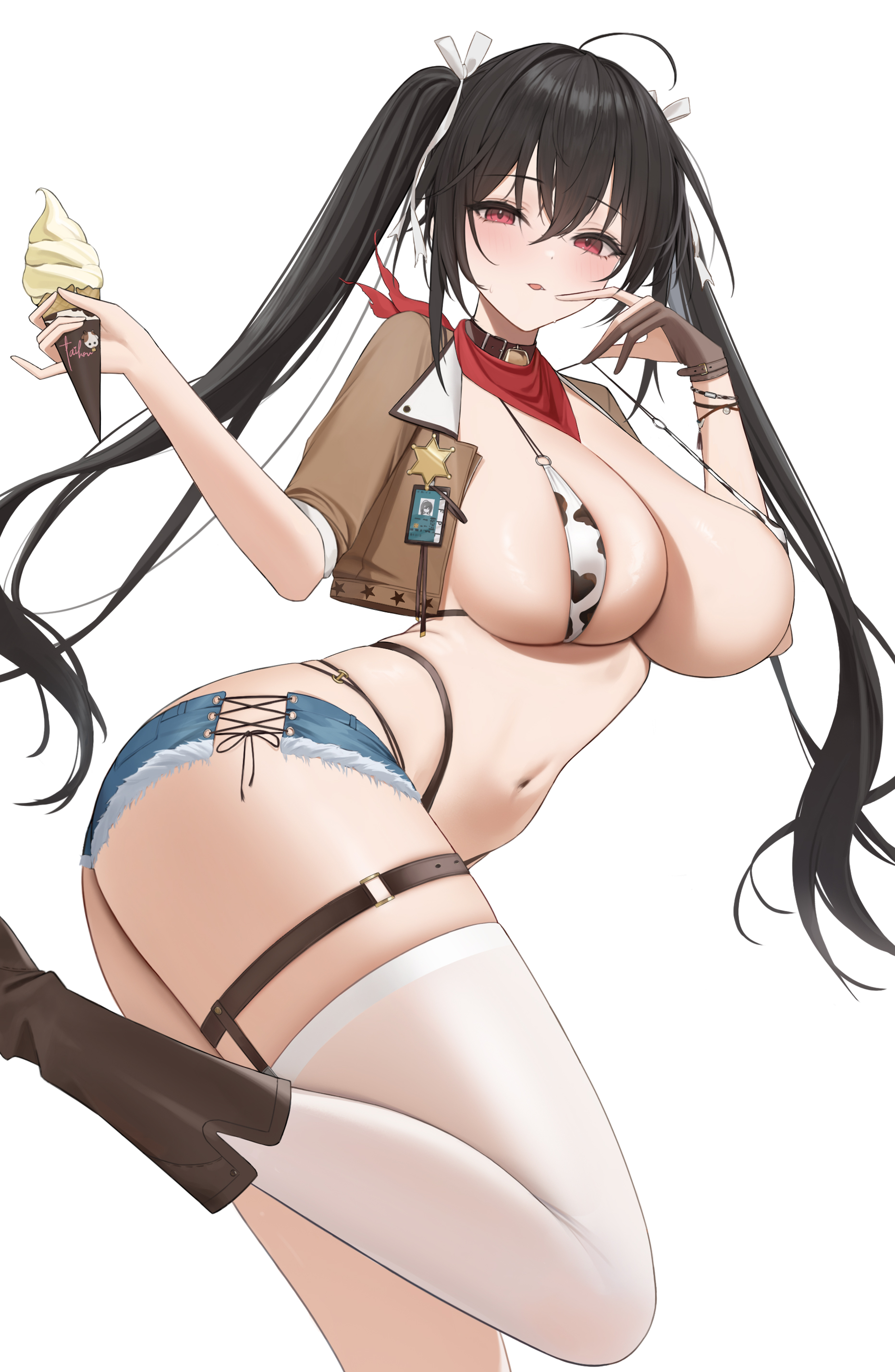 afpl (parrotz4), taihou (azur lane), azur lane, absurdres, highres, 1girl, areola slip, black hair, blush, boots, breasts, brown boots, brown gloves, cowgirl (western), food, from side, gloves, hair between eyes, hair ribbon, holding, holding food, holding ice cream, holding ice cream cone, ice cream, ice cream cone, knee boots, large breasts, long hair, looking at viewer, looking to the side, navel, parted lips, red eyes, ribbon, sideboob, simple background, single glove, solo, stomach, thigh strap, thighhighs, thighhighs under boots, thighs, twintails, white background, white ribbon, white thighhighs