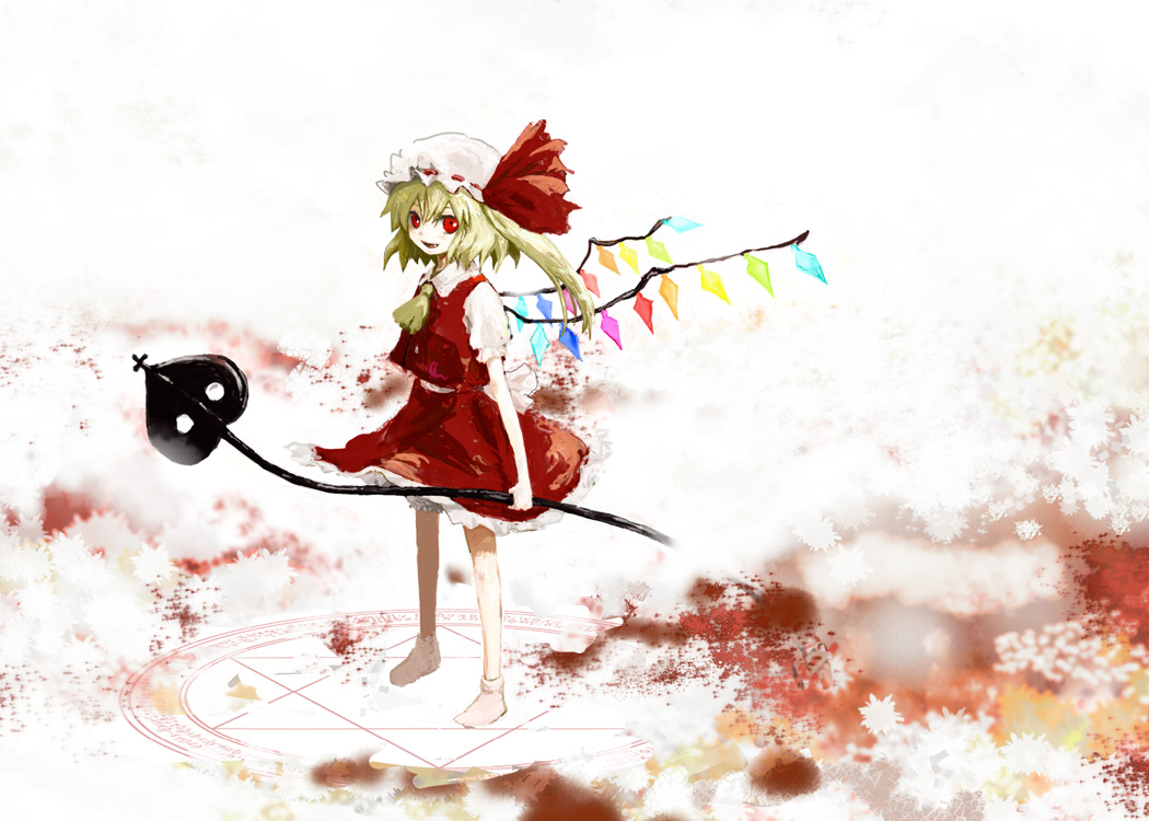 poncho (poncho), flandre scarlet, touhou, 1girl, blonde hair, blouse, collared shirt, female focus, hair between eyes, hat, laevatein, magic circle, mob cap, red eyes, shirt, side ponytail, socks, solo, white shirt, white socks, wings