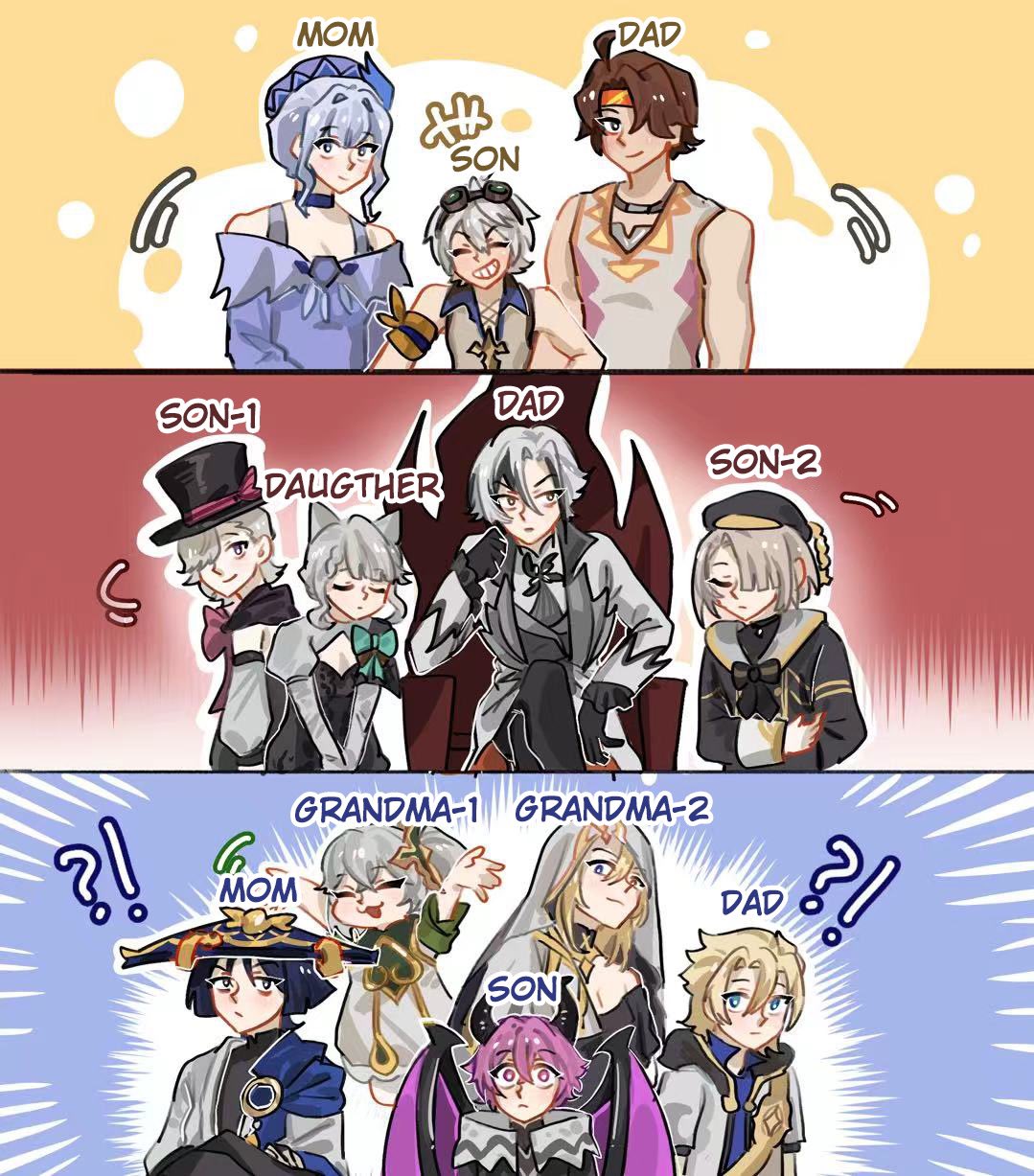 albedo (genshin impact), alice (genshin impact), arlecchino (genshin impact), bennett (genshin impact), freminet (genshin impact), lynette (genshin impact), lyney (genshin impact), macani (genshin impact), mini durin (genshin impact), mini durin (human) (genshin impact), nahida (genshin impact), rhinedottir (genshin impact), scaramouche (genshin impact), wanderer (genshin impact), genshin impact, highres, !?, 6+boys, 6+girls, :/, ahoge, animal ears, arms at sides, arms up, aroni (genshin impact), black hair, black hands, black pants, blonde hair, bowing, brown hair, butler bowing, cat ears, choker, closed eyes, closed mouth, coat, colored extremities, crossed arms, crossed legs, dragon horns, dragon wings, dress, english text, expressionless, family, goggles, goggles on head, grey hair, grin, hair between eyes, hair ornament, hair over one eye, hat, headband, height difference, horns, jacket, kivartx, large hat, leotard, long sleeves, looking at viewer, multicolored hair, multiple boys, multiple girls, outstretched arms, pants, shirt, short hair, side ponytail, sleeveless, sleeveless shirt, smile, top hat, two-tone hair, v arms, veil, wings