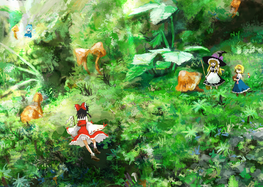 poncho (poncho), alice margatroid, cirno, hakurei reimu, kirisame marisa, shanghai doll, embodiment of scarlet devil, touhou, 4girls, black hair, blonde hair, bloomers, blue hair, book, bow, broom, detached sleeves, gohei, green theme, hair bow, hat, japanese clothes, miko, multiple girls, mushroom, scenery, underwear, witch, witch hat