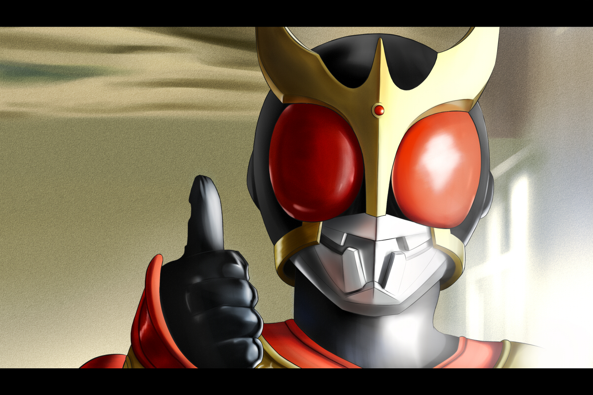 qon, qontamblue, kamen rider kuuga, kamen rider, kamen rider kuuga (series), 1boy, horns, letterboxed, male focus, red eyes, solo, thumbs up, upper body