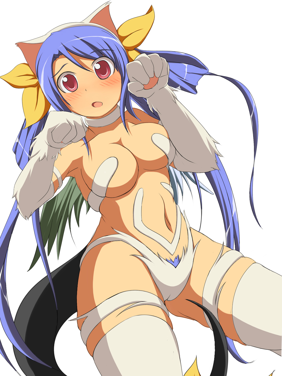 mirano, dizzy (guilty gear), felicia (darkstalkers), arc system works, capcom, darkstalkers, guilty gear, highres, 1girl, animal ears, animal hands, asymmetrical wings, blue hair, blush, bow, breasts, cameltoe, cat ears, cat tail, choker, cosplay, felicia (darkstalkers) (cosplay), female focus, female pubic hair, hair bow, large breasts, long hair, navel, paw pose, pubic hair, red eyes, ribbon, solo, tail, tail ornament, tail ribbon, thighhighs, wings