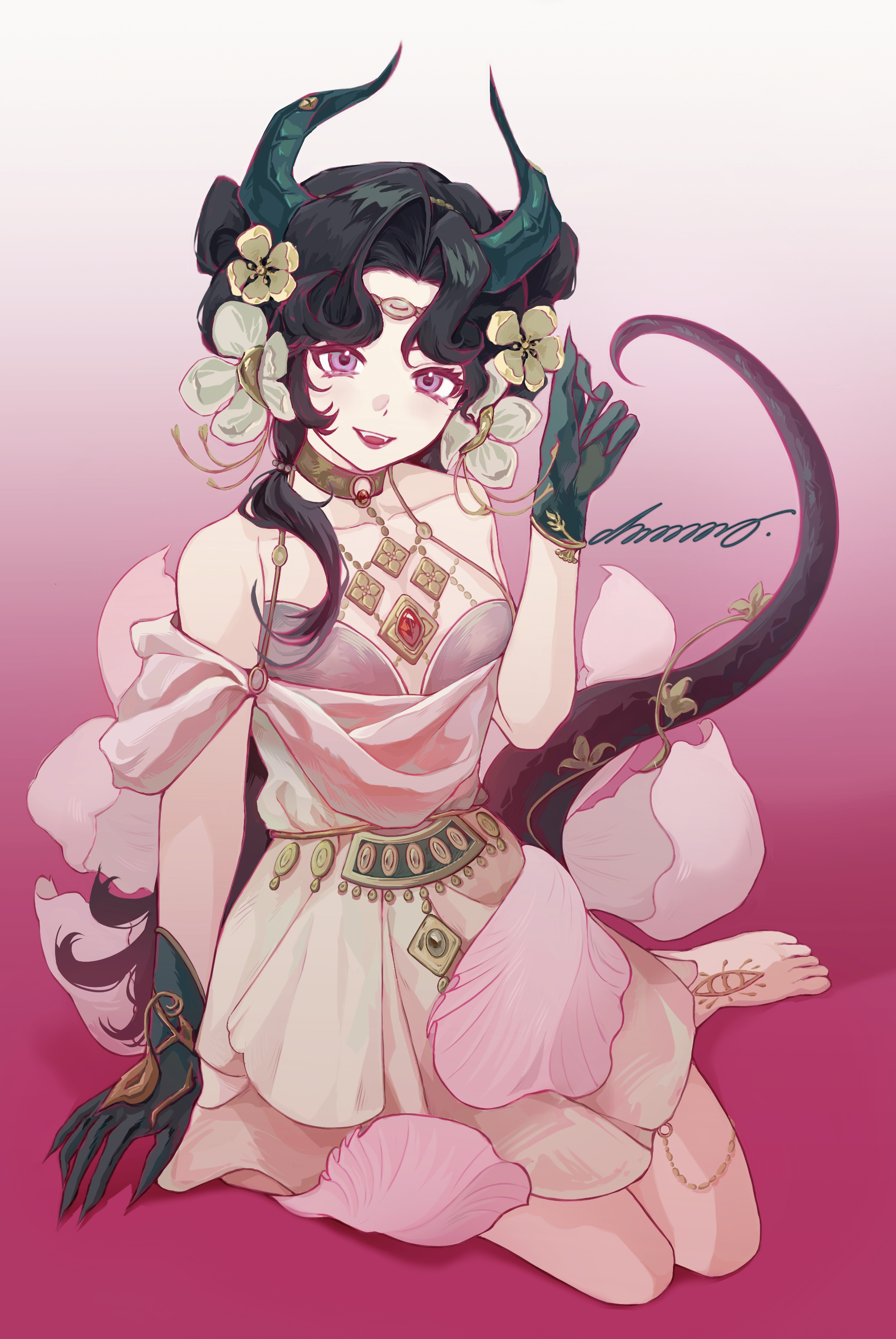 anjo nala, anjo nala (forbidden fruit), reverse:1999, absurdres, highres, 1girl, :d, bare shoulders, barefoot, black hair, demon horns, dress, flower, full body, gloves, gold choker, gradient background, green gloves, green horns, hair flower, hair ornament, hand up, horns, lizard tail, long hair, official alternate costume, open mouth, pink background, purple eyes, red tail, shuoyaori xianding, sitting, sleeveless, sleeveless dress, smile, solo, tail, wariza, white dress, white flower