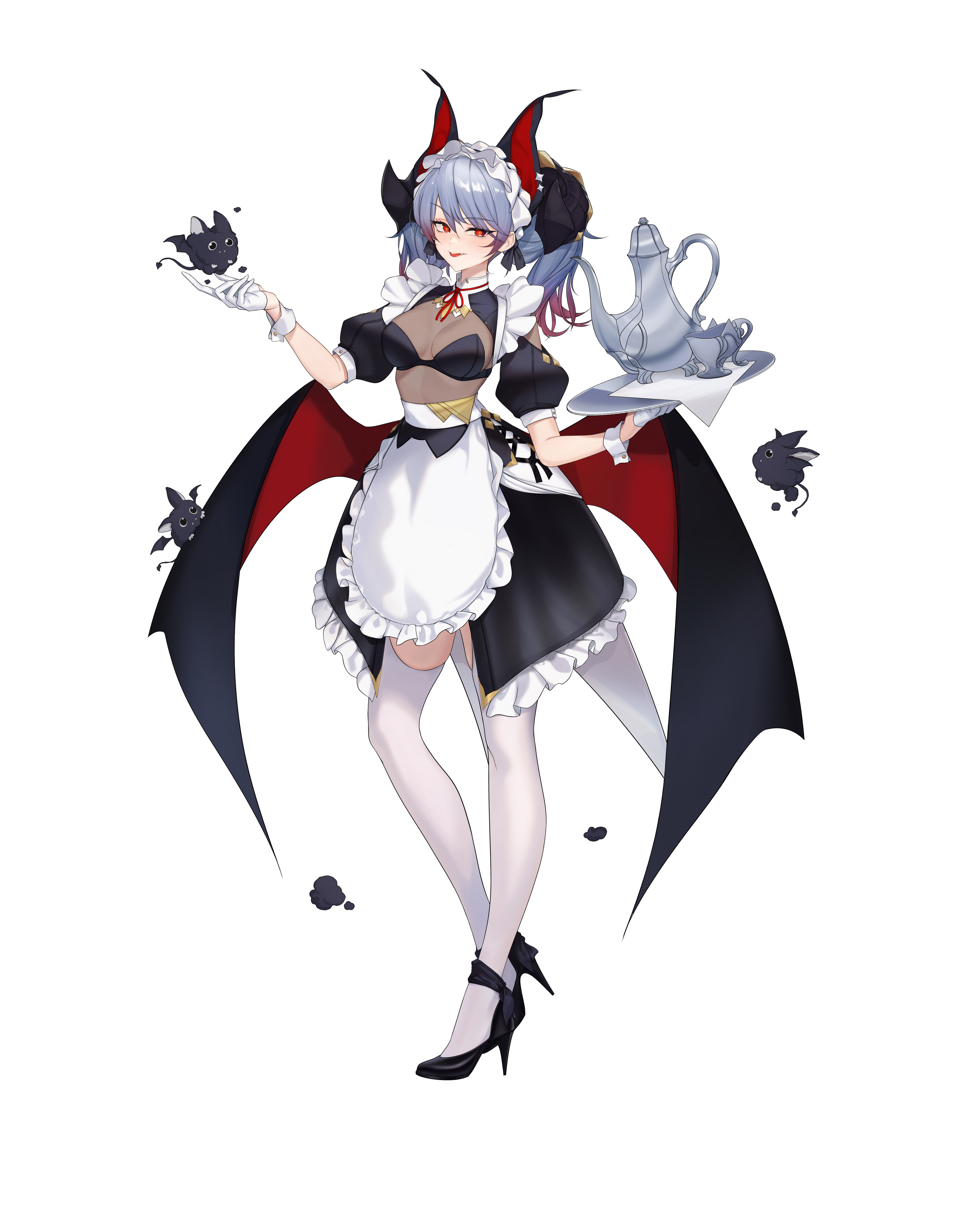 original, absurdres, highres, 1girl, animal, animal ears, apron, bat (animal), bat ears, bat girl, bat wings, black shoes, breasts, cup, full body, gloves, grey hair, high heels, holding, large breasts, leviathan701, long hair, maid, maid headdress, neck ribbon, puffy short sleeves, puffy sleeves, red eyes, red ribbon, ribbon, shoes, short sleeves, smile, standing, thighhighs, waist apron, white apron, white gloves, white thighhighs, wings, wrist cuffs