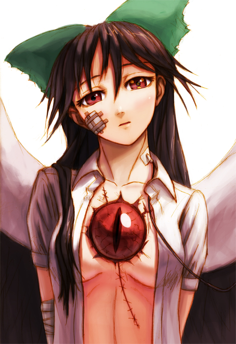kurione (pixiv), kurione (zassou), reiuji utsuho, touhou, bad id, bad pixiv id, 1girl, bandages, black hair, bow, breasts, eye focus, female focus, hair bow, intravenous drip, long hair, open clothes, open shirt, red eyes, scar, shirt, solo, stitches, wings