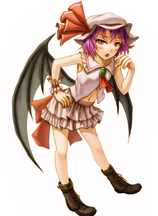kurione (pixiv), kurione (zassou), remilia scarlet, touhou, bad id, bad pixiv id, 1girl, adapted costume, annoyed, bat wings, boots, fang, female focus, hand on own hip, lace-up boots, leaning forward, legs, midriff, navel, open mouth, purple hair, raised eyebrow, red eyes, short hair, simple background, solo, white background, wings