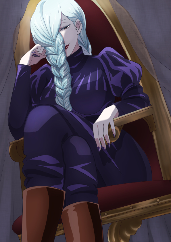anemone (anemone-ne), mei mei (jujutsu kaisen), jujutsu kaisen, 1girl, axe, black dress, black nails, boots, braid, braided bangs, braided ponytail, brown boots, dress, hair over face, hair over one eye, holding, holding axe, jujutsu tech uniform, long hair, long sleeves, looking at viewer, one eye covered, puffy sleeves, red lips, smile, solo, throne, tight clothes, tight dress, turtleneck, turtleneck dress, white hair